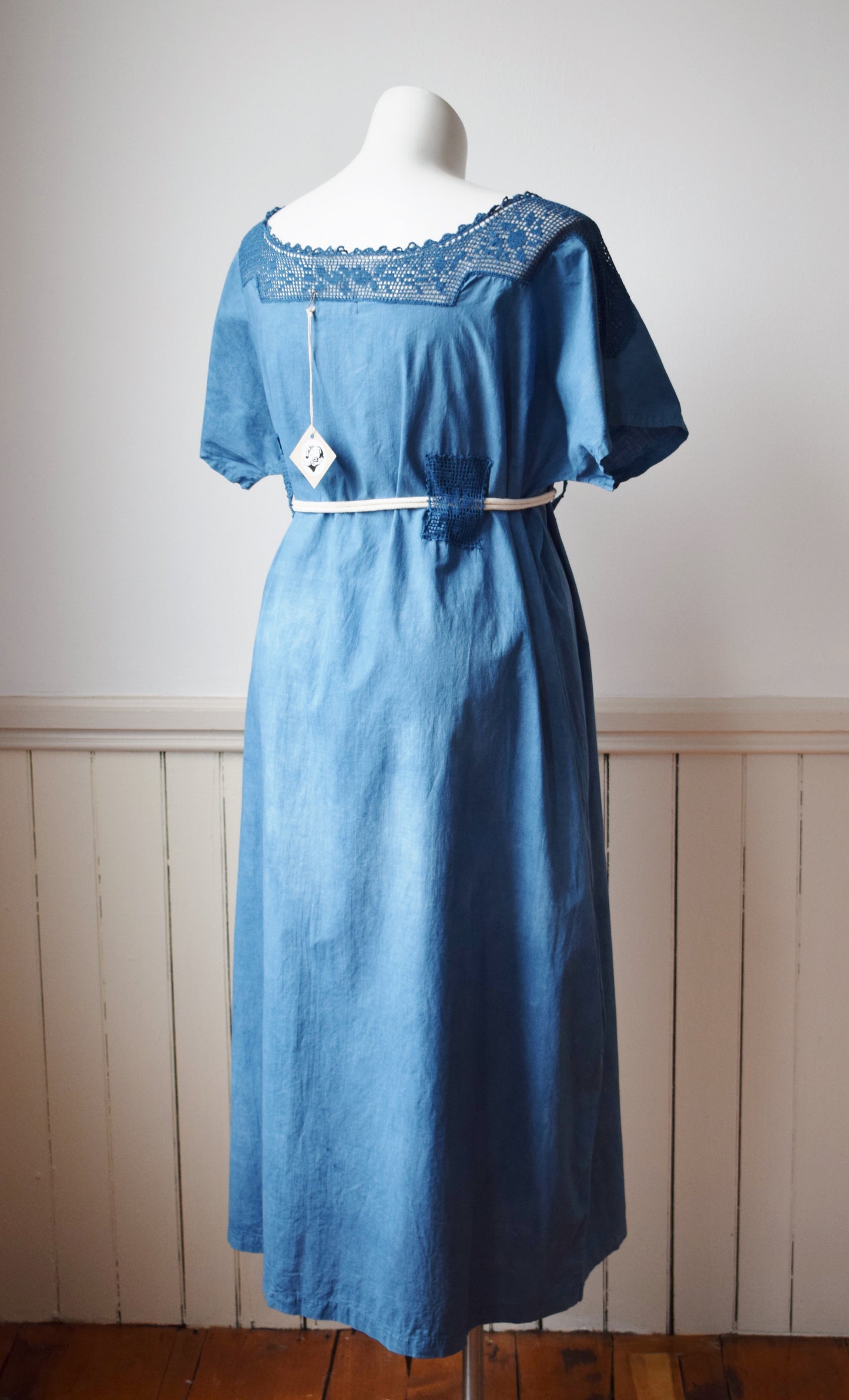 Indigo Dyed Antique Cotton and Crochet Dress | L/XL