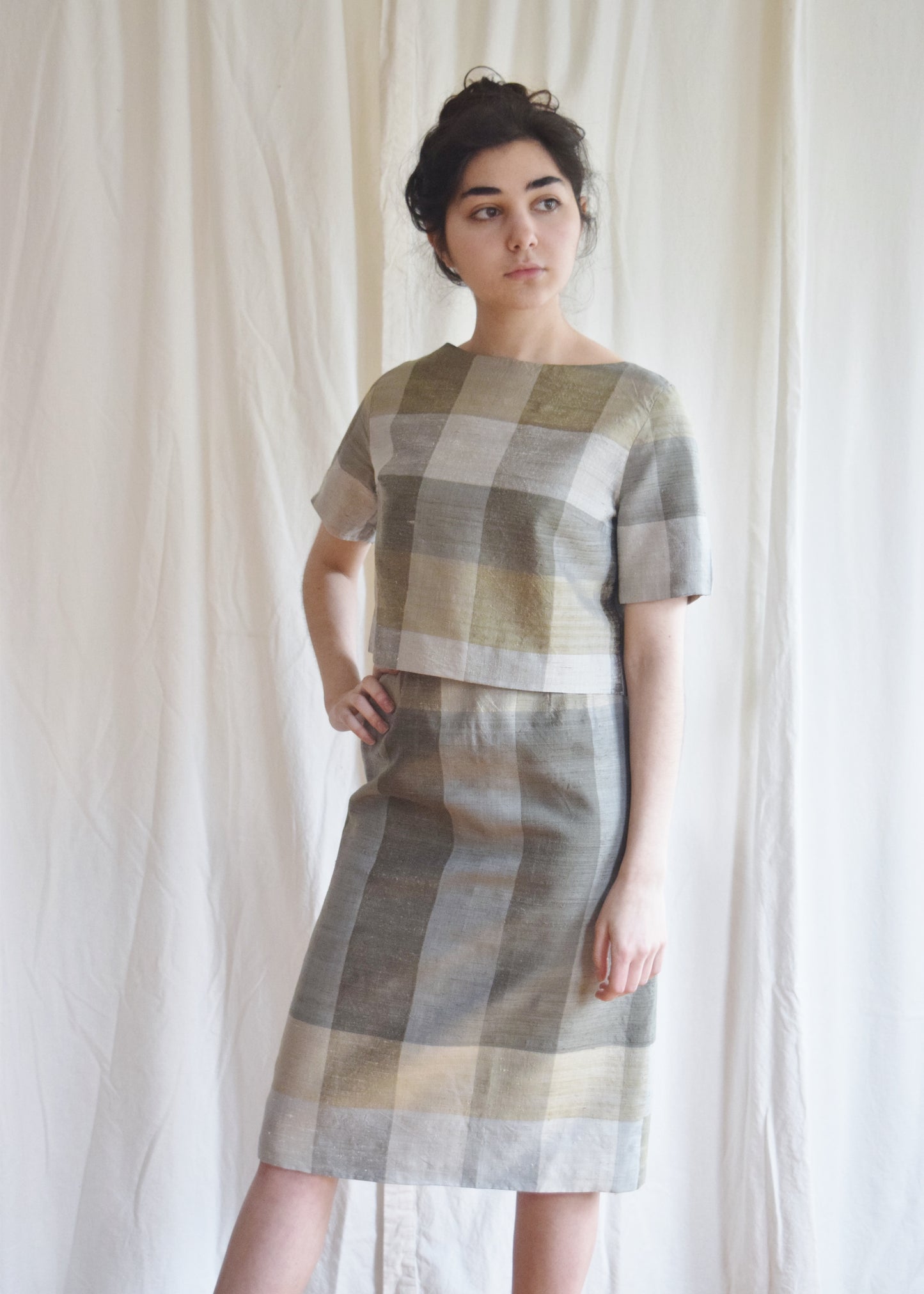 1960s Silk Dupioni Sage Green Plaid Coordinate Skirt and Crop Top | Vintage Dress Set
