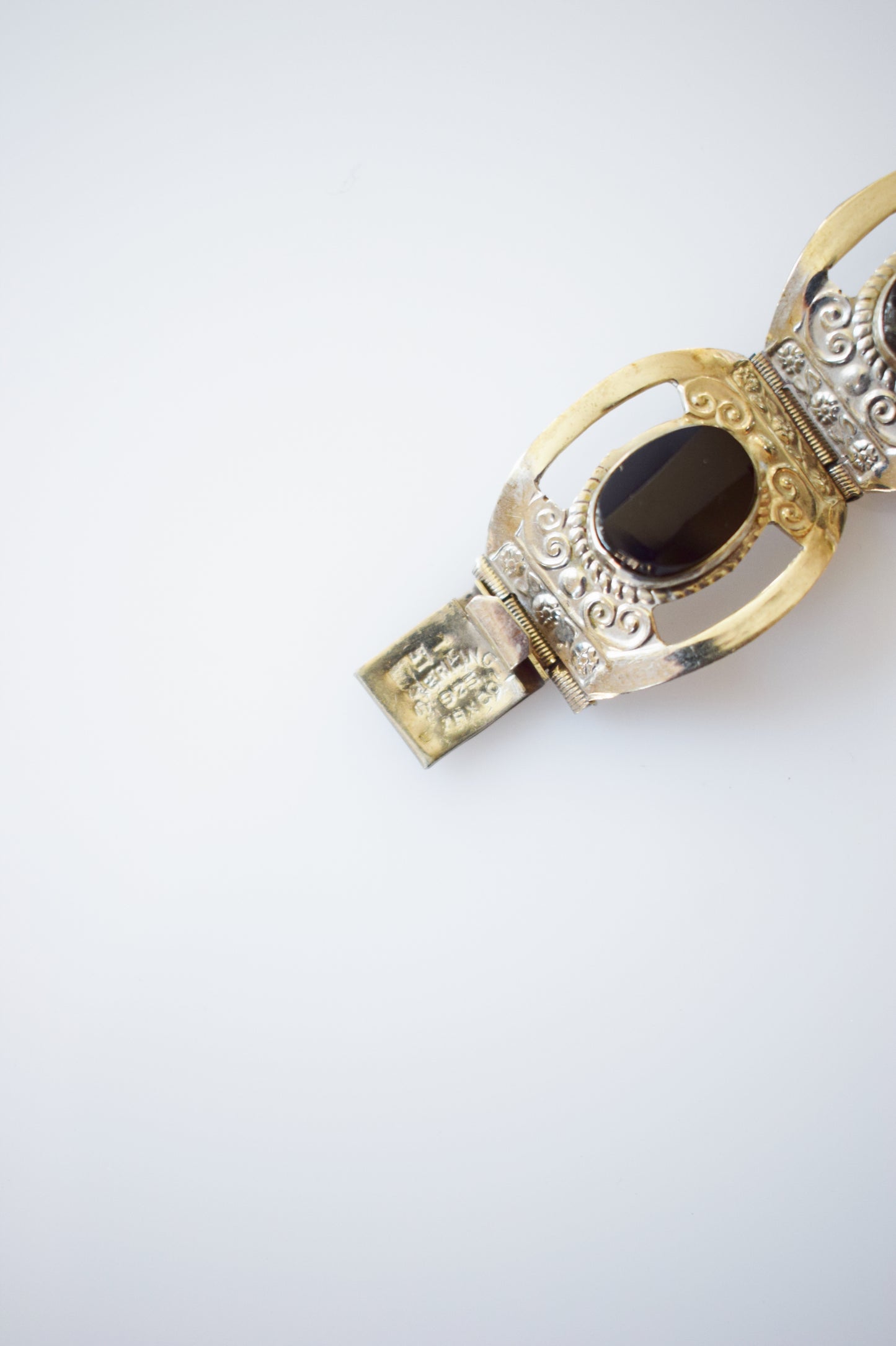 Vintage Mexican Sterling and Obsidian Bracelet