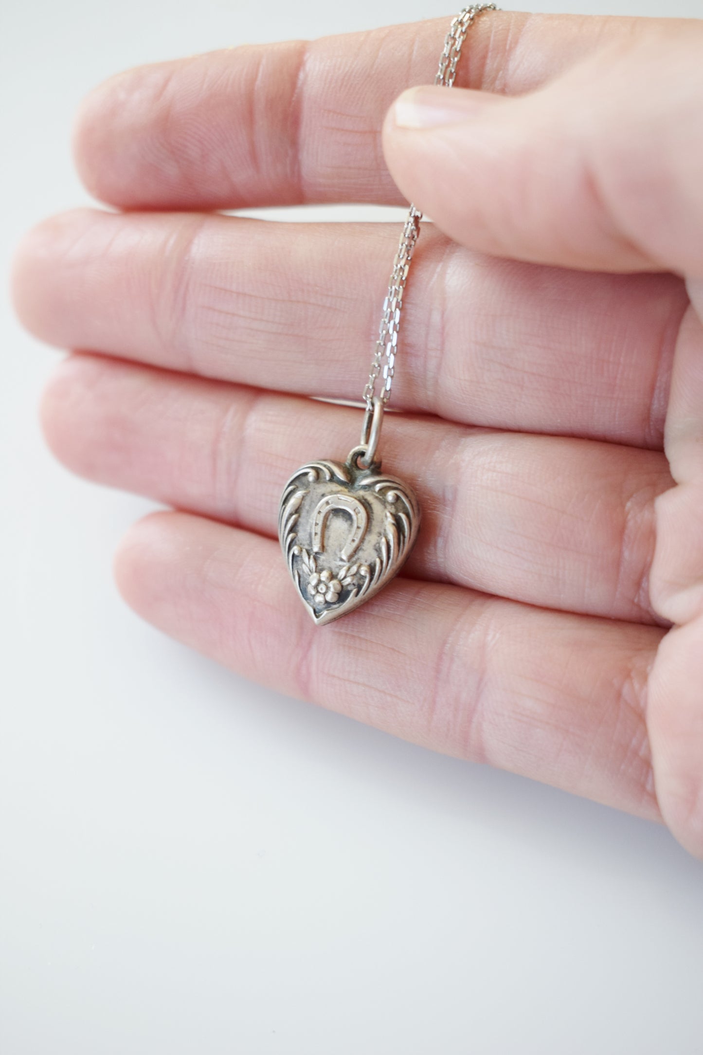 Vintage Silver Horseshoe Heart Charm Necklace