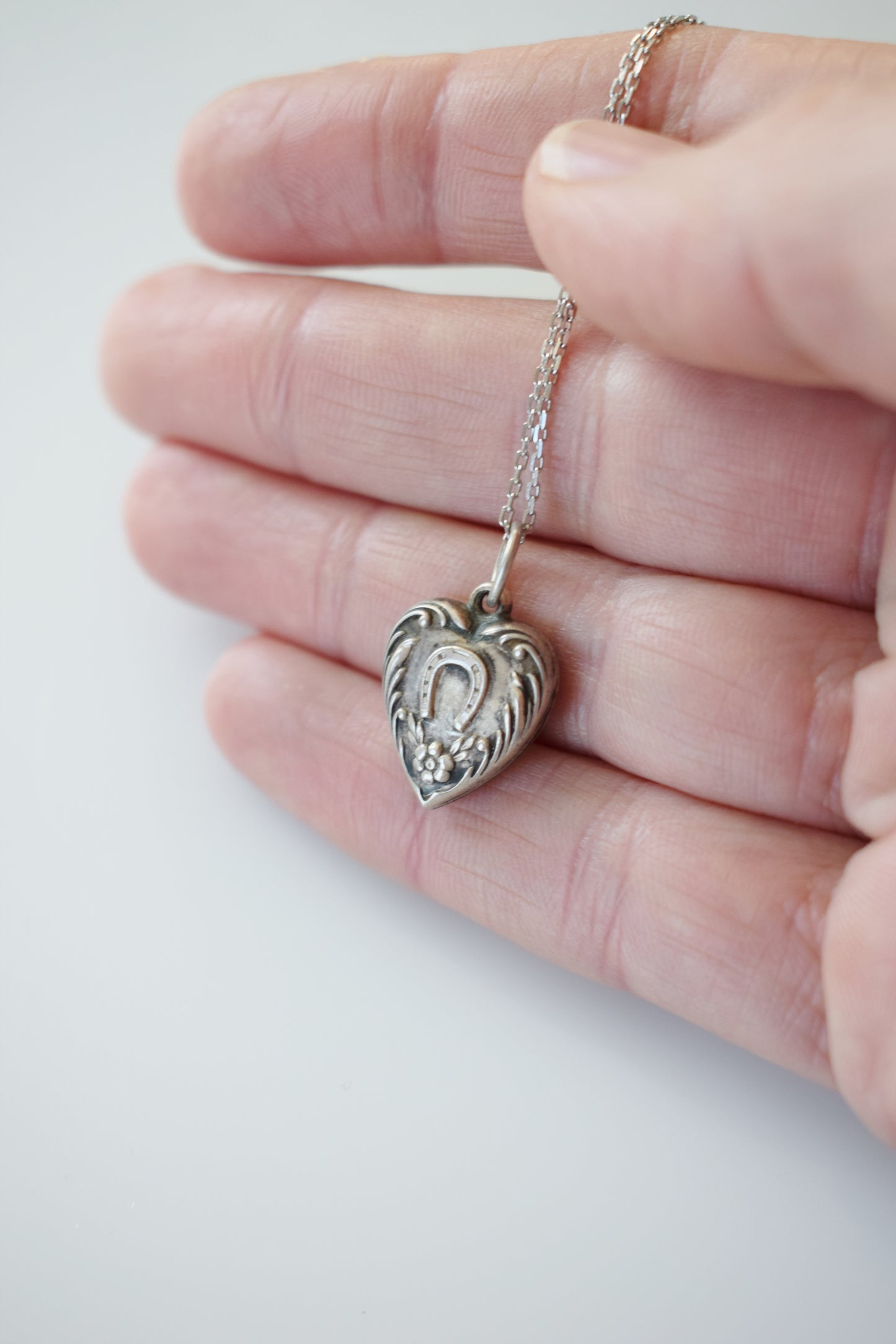 Vintage Silver Horseshoe Heart Charm Necklace