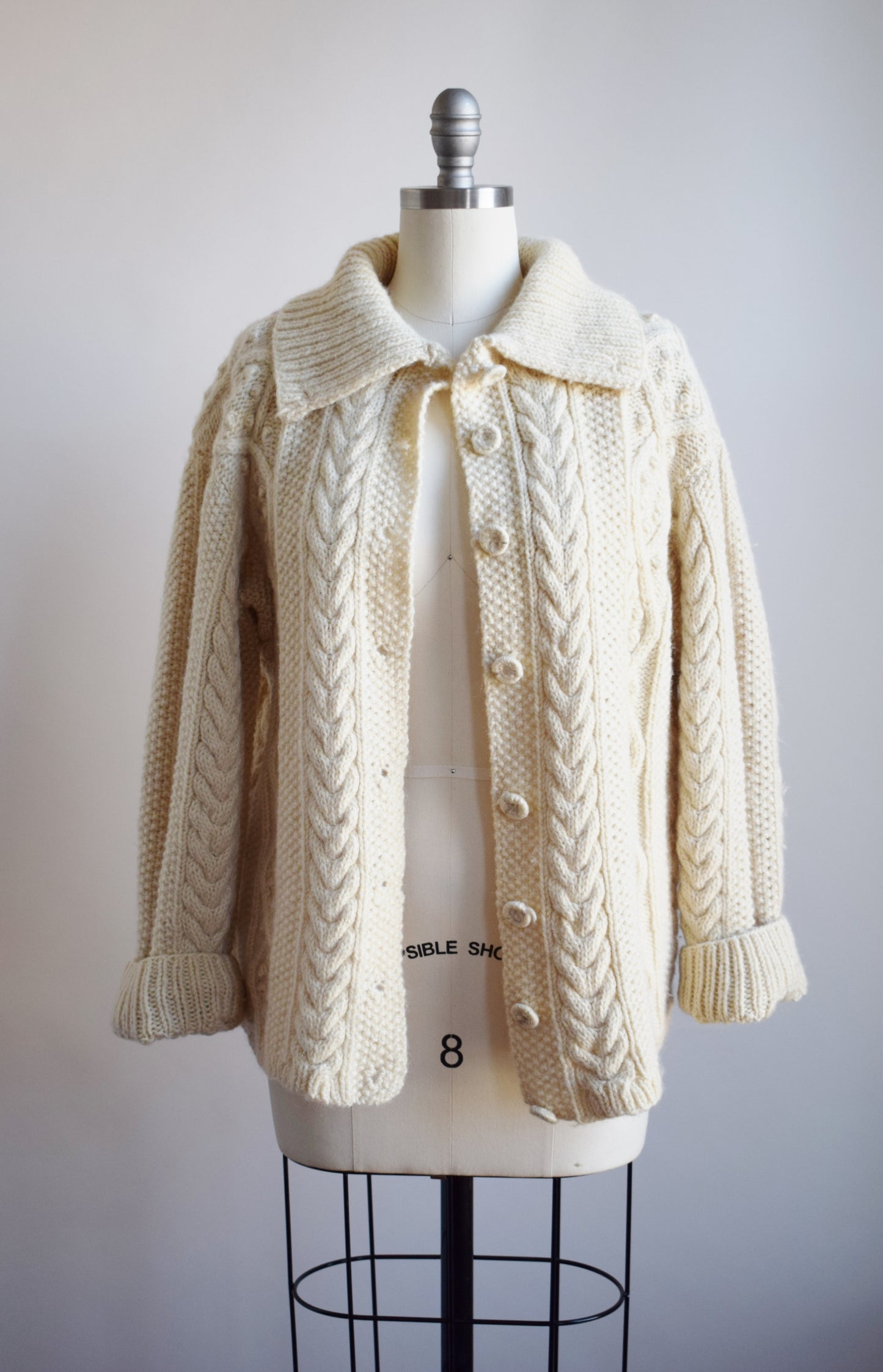 Classic Vintage Cable Knit Cardigan w Darns | L