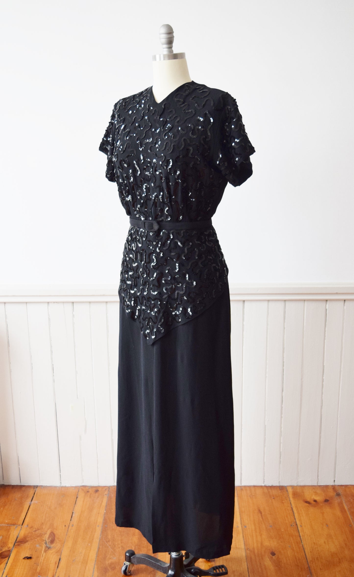 1940s Sequined Black Rayon Gown |  M-L