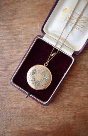 Antique Photo Locket with Rhinestone Grape Vine Motif