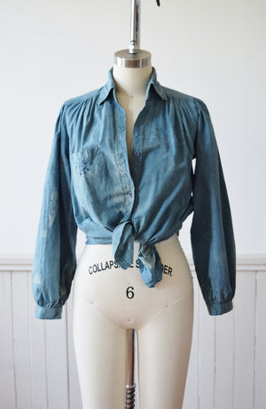 Indigo Over-Dyed Puff Sleeve Top | 1970s | S/M
