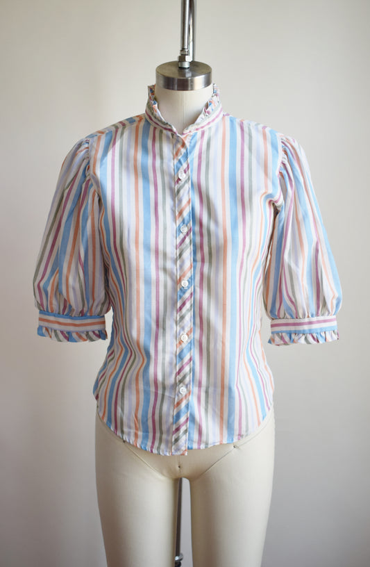 1970s Puff Sleeve Candy Stripe Blouse | XS/S