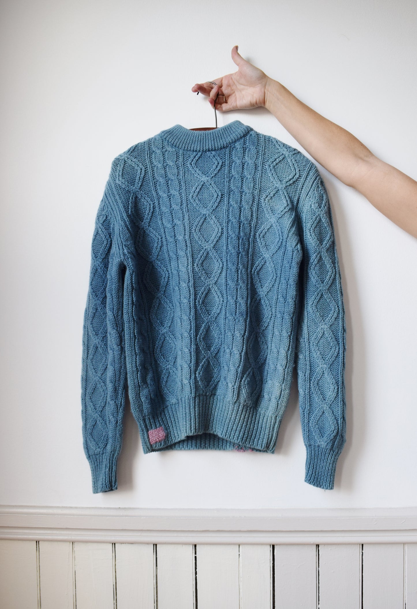 1980s Wool Cableknit Dip Dyed in Natural Indigo with Darns | S/M