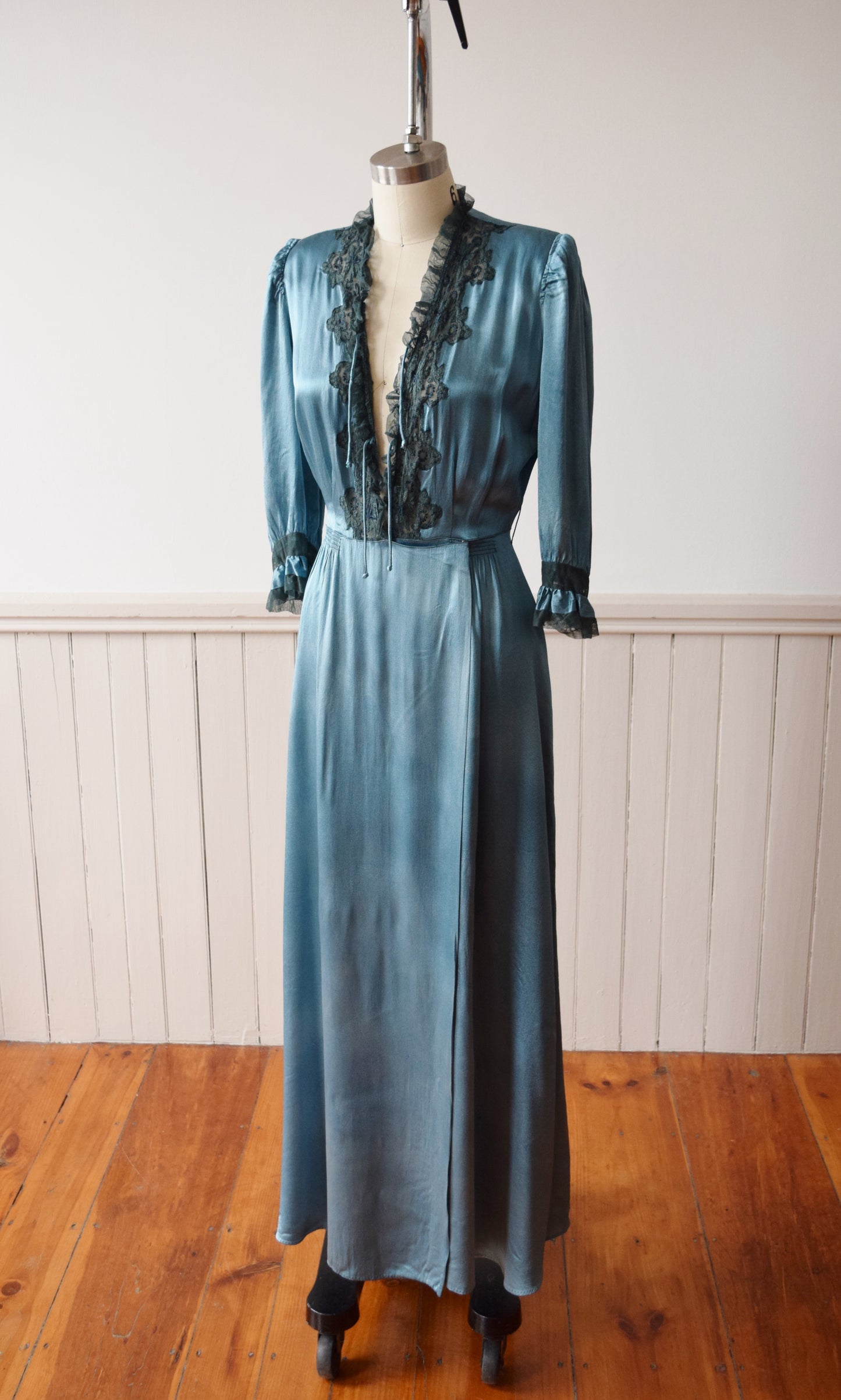1940s Forest Green Satin Wrap Dress |  Vintage Dressing Gown | S