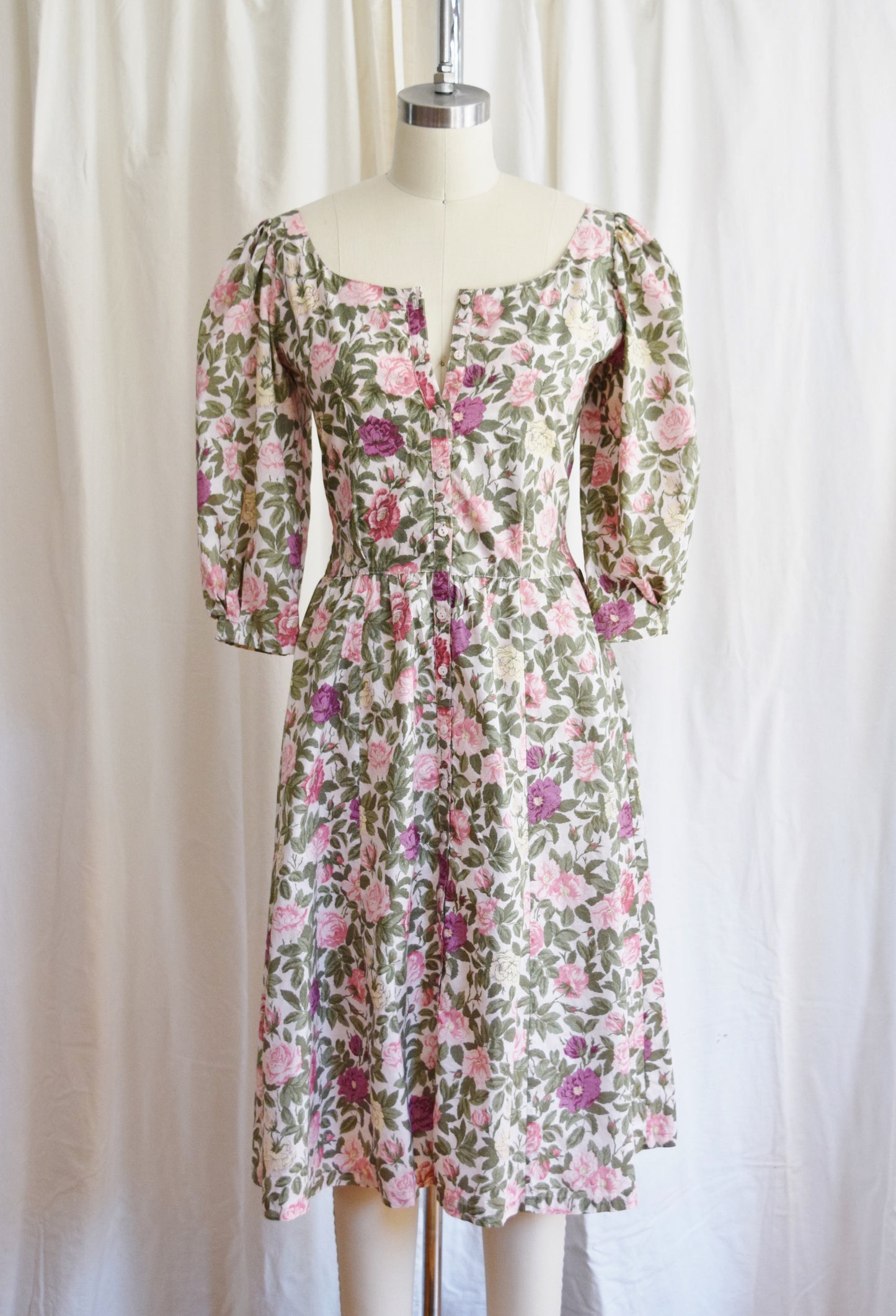 1980s Rose Print Day Dress by Eileen West | Approx. XS/SP