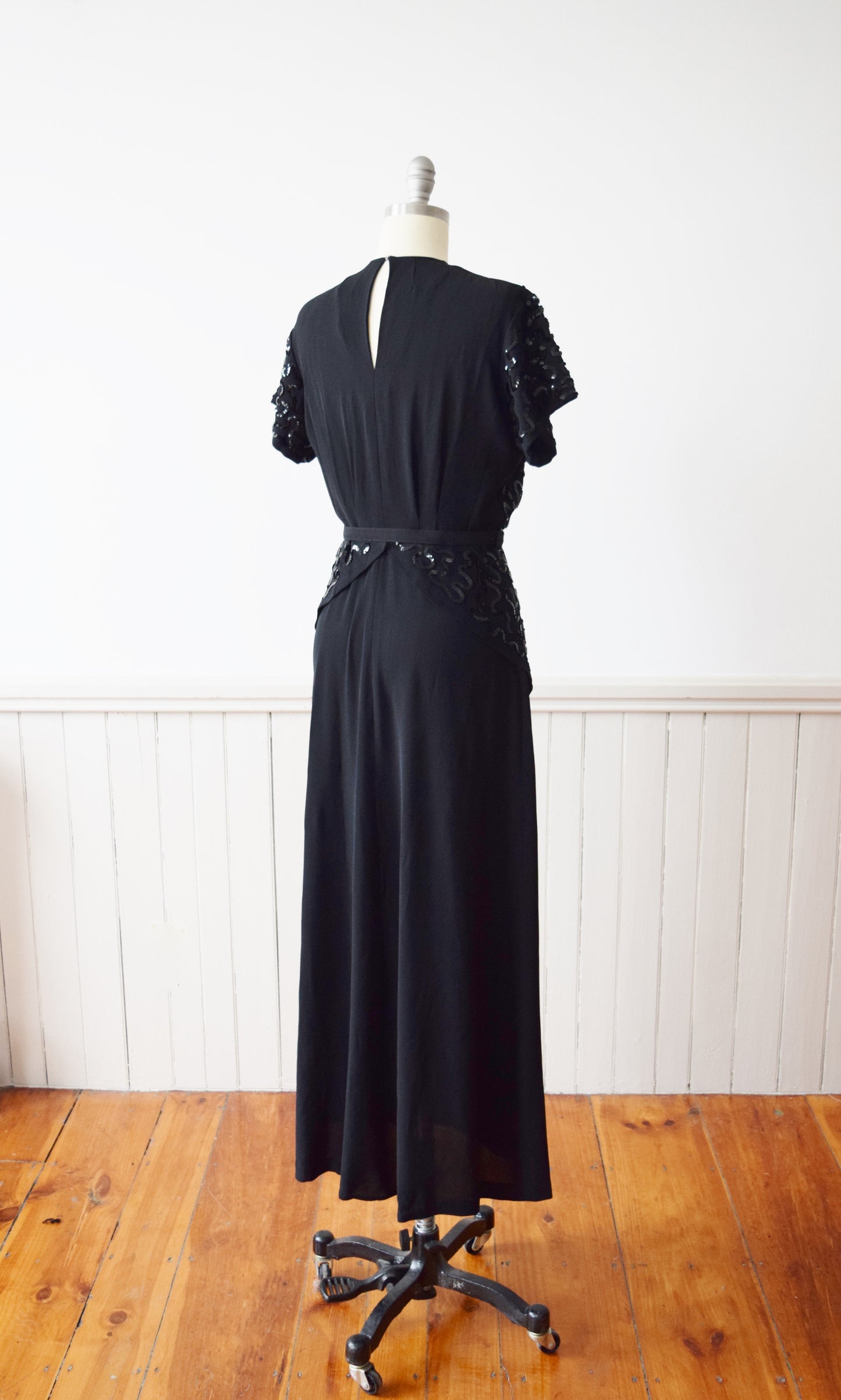1940s Sequined Black Rayon Gown |  M-L