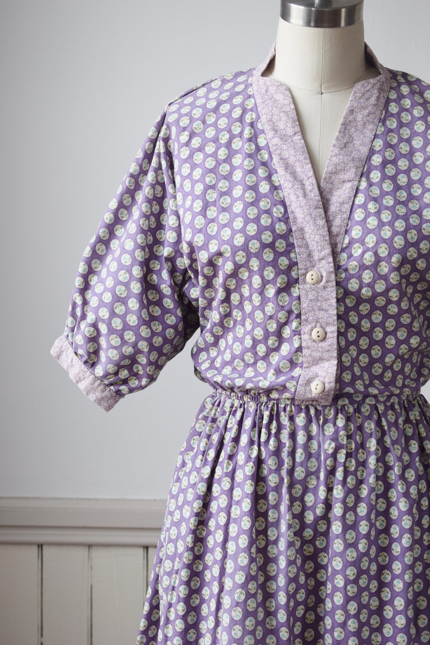 1980s Balloon Sleeve Lavender Floral Dress | P XS/S
