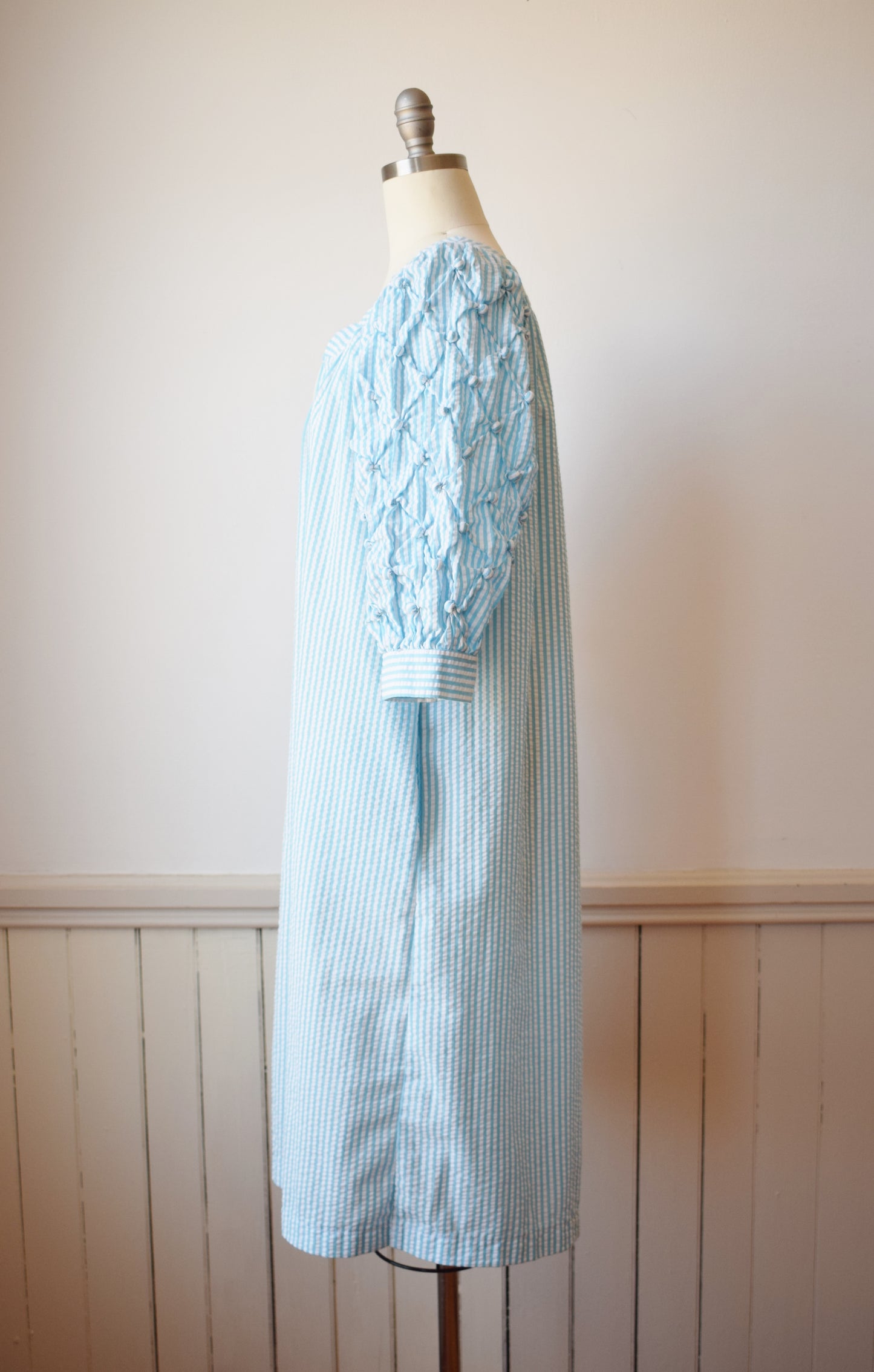 1980s Puffy Sleeve Seersucker Dress | M