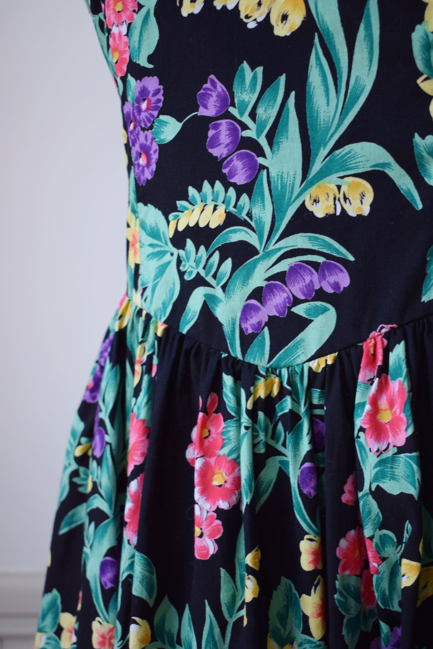 1980s Dark Floral Cotton Sundress | M