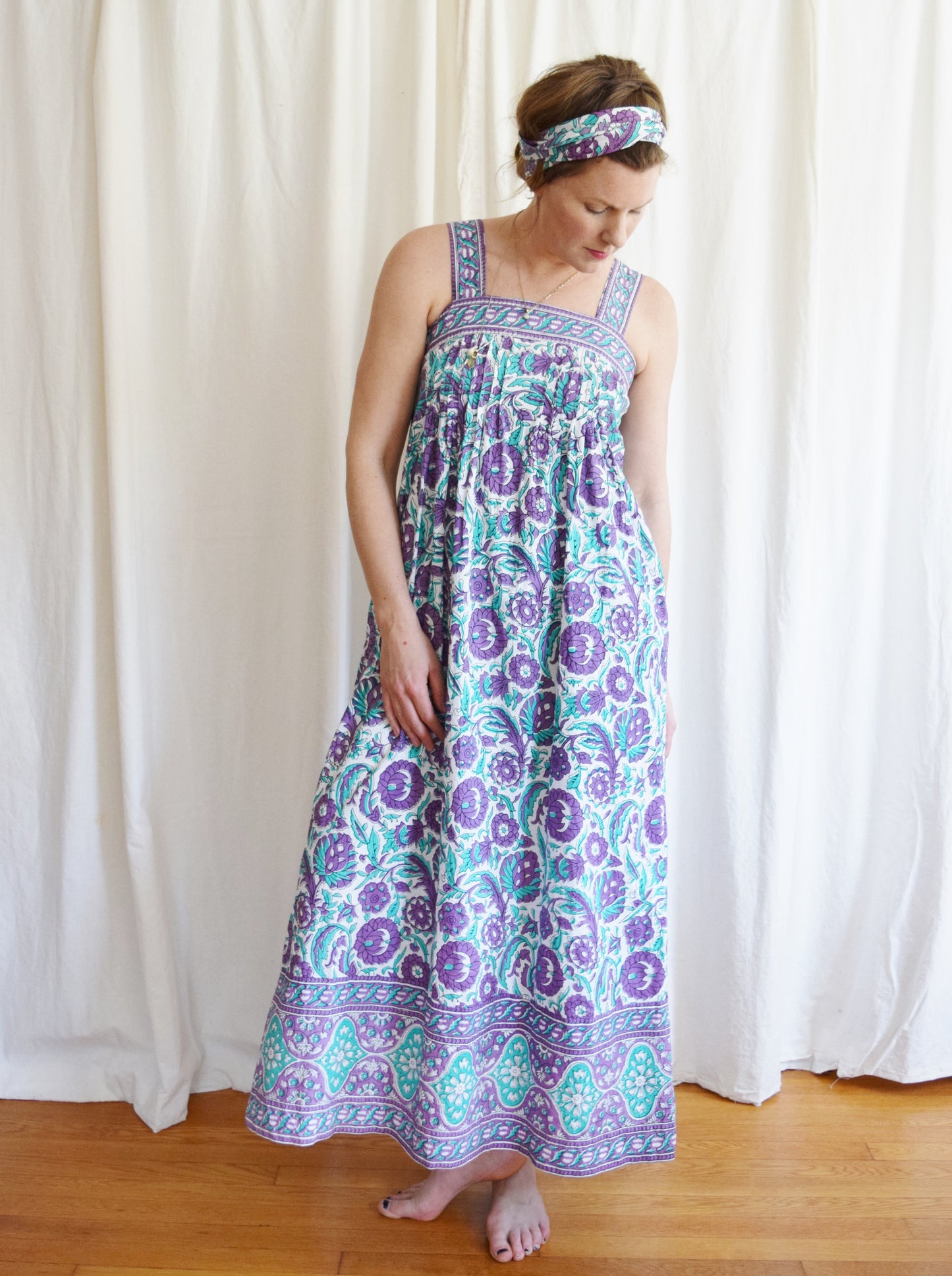 1970s Ramona Rull Indian Block Print Maxi Dress