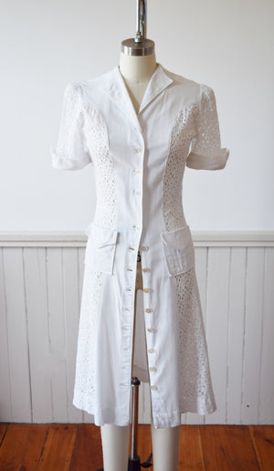 Lace + Linen Button Front Dress | 1940s | XS