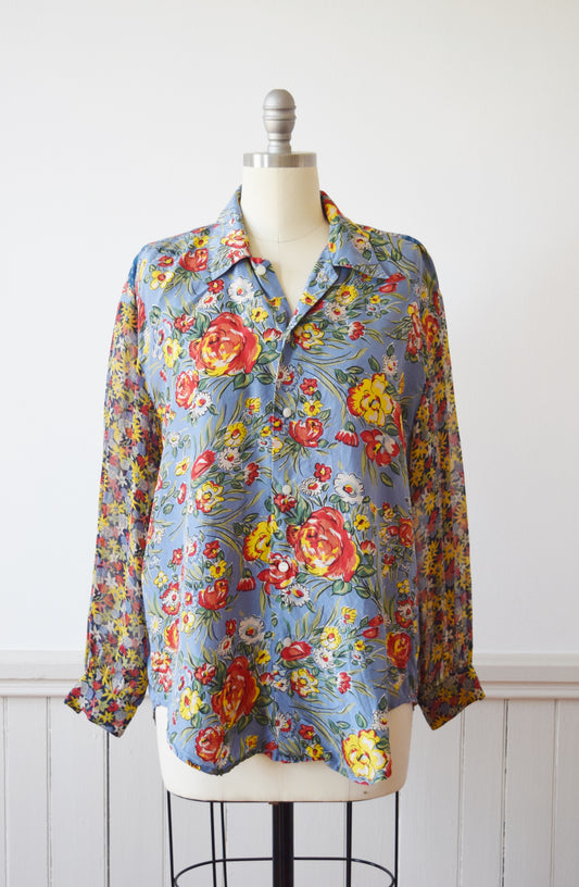 1990s Mixed Floral Print Silk Blouse | M