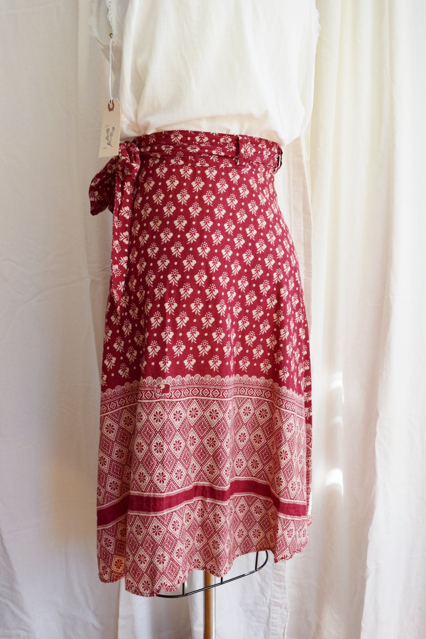1970s Indian Block Print Wrap Midi Skirt