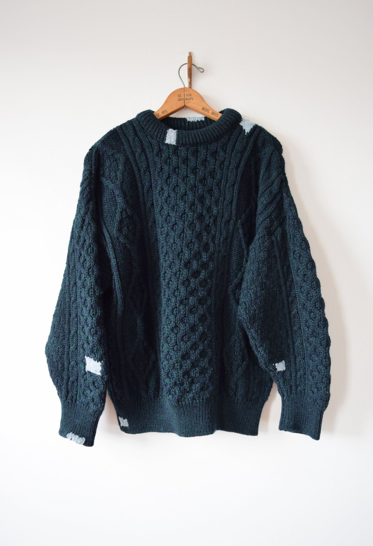 Hand Darned Irish Wool Cable Knit in Forest Green | M/L