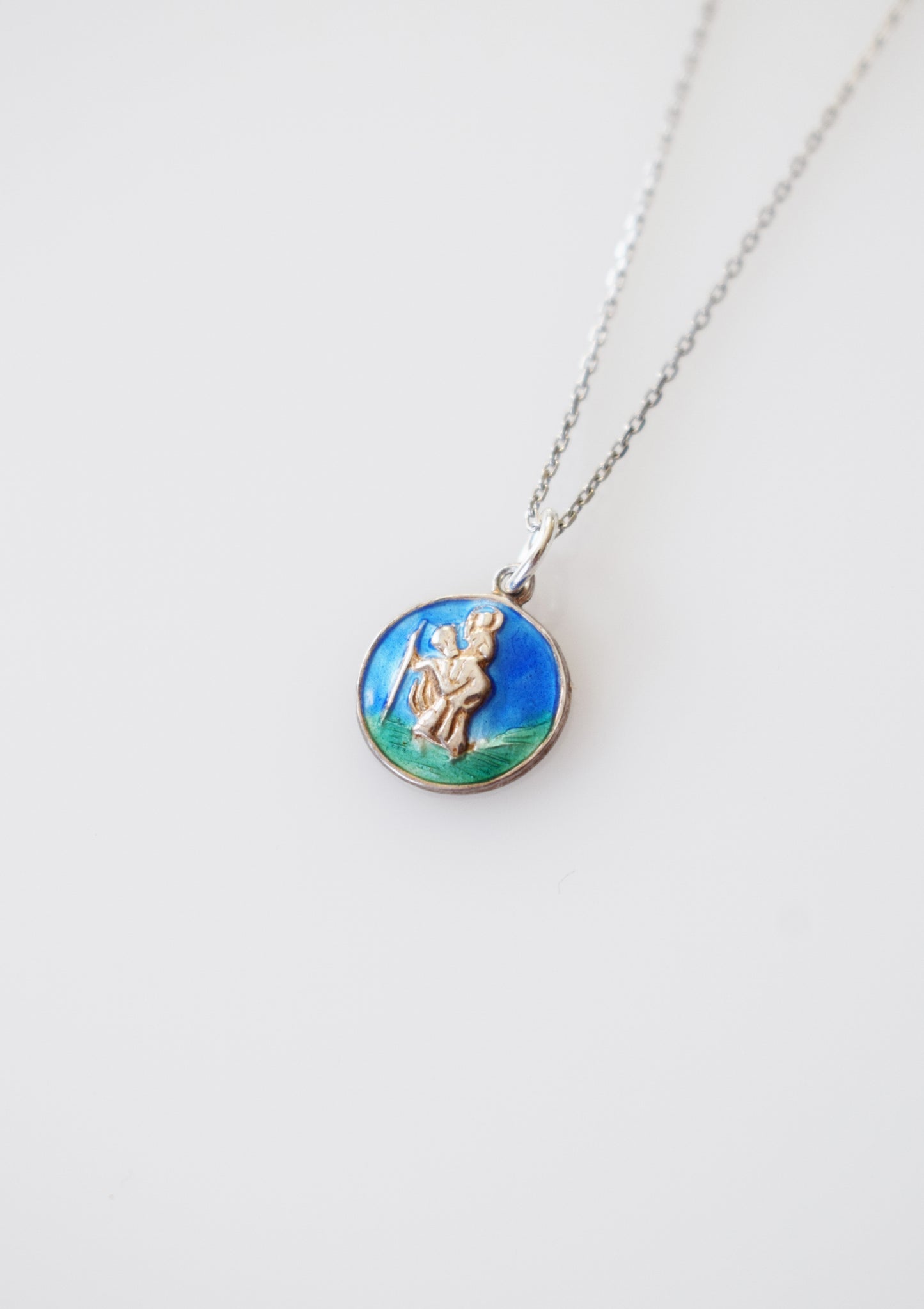 Vintage Silver and Enamel St. Christopher Charm/Amulet Necklace