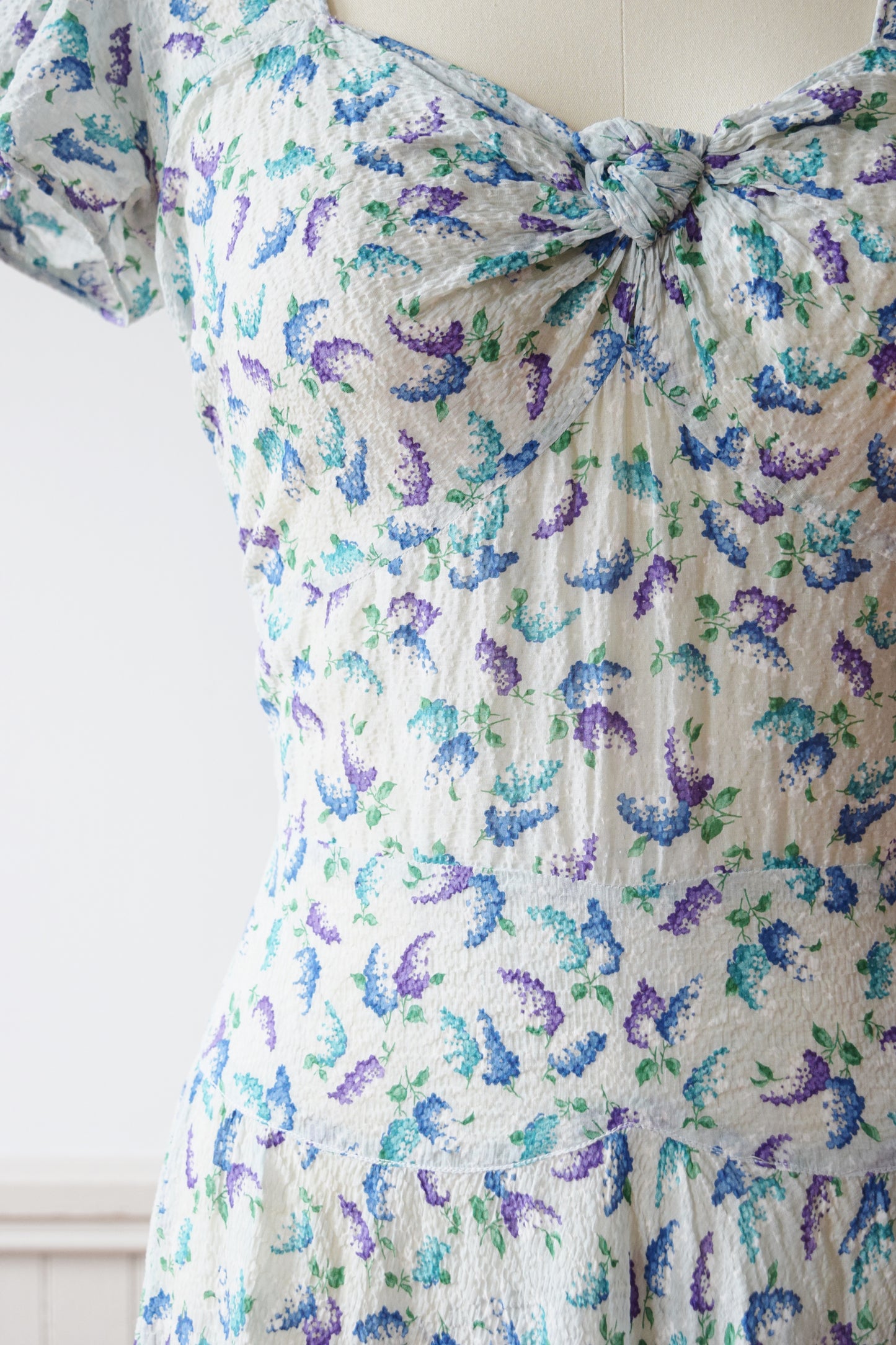 Lilac Print Seersucker Gown | 1940s | M