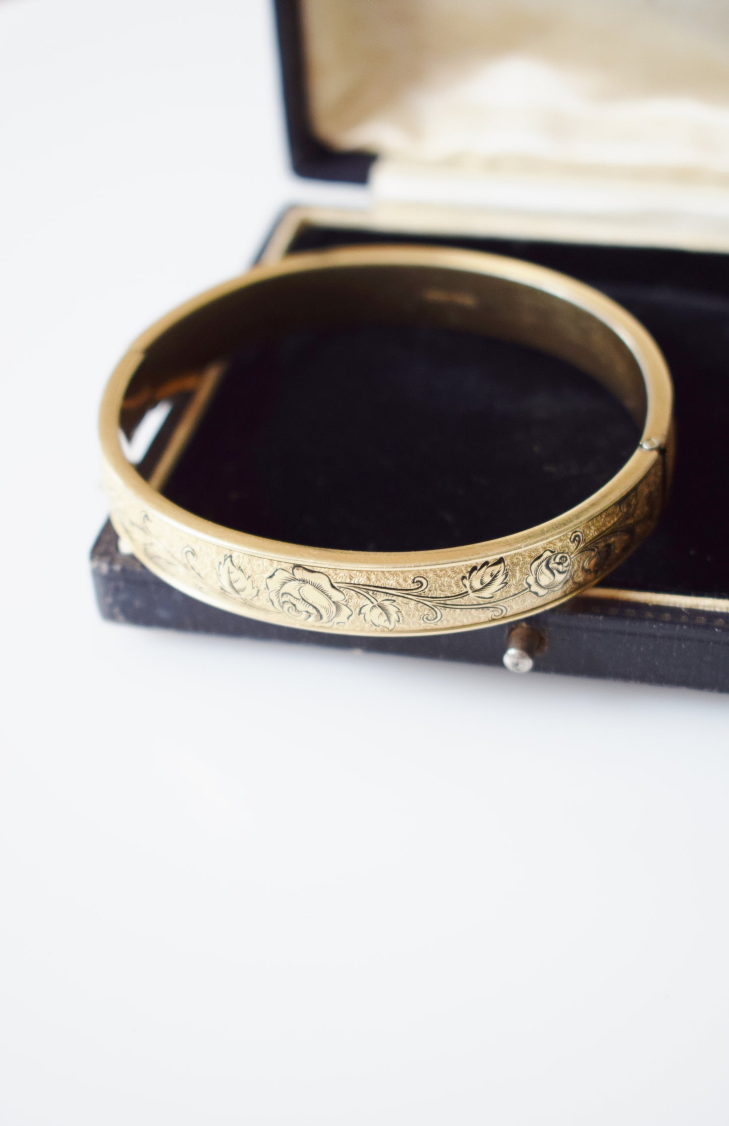 Antique Etched Bangle Bracelet | Enameled Rose Motif