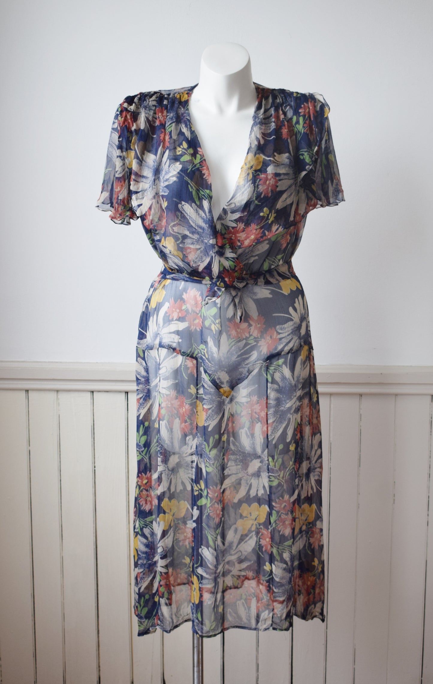 1930s Dark Floral Silk Chiffon Dress | L/XL
