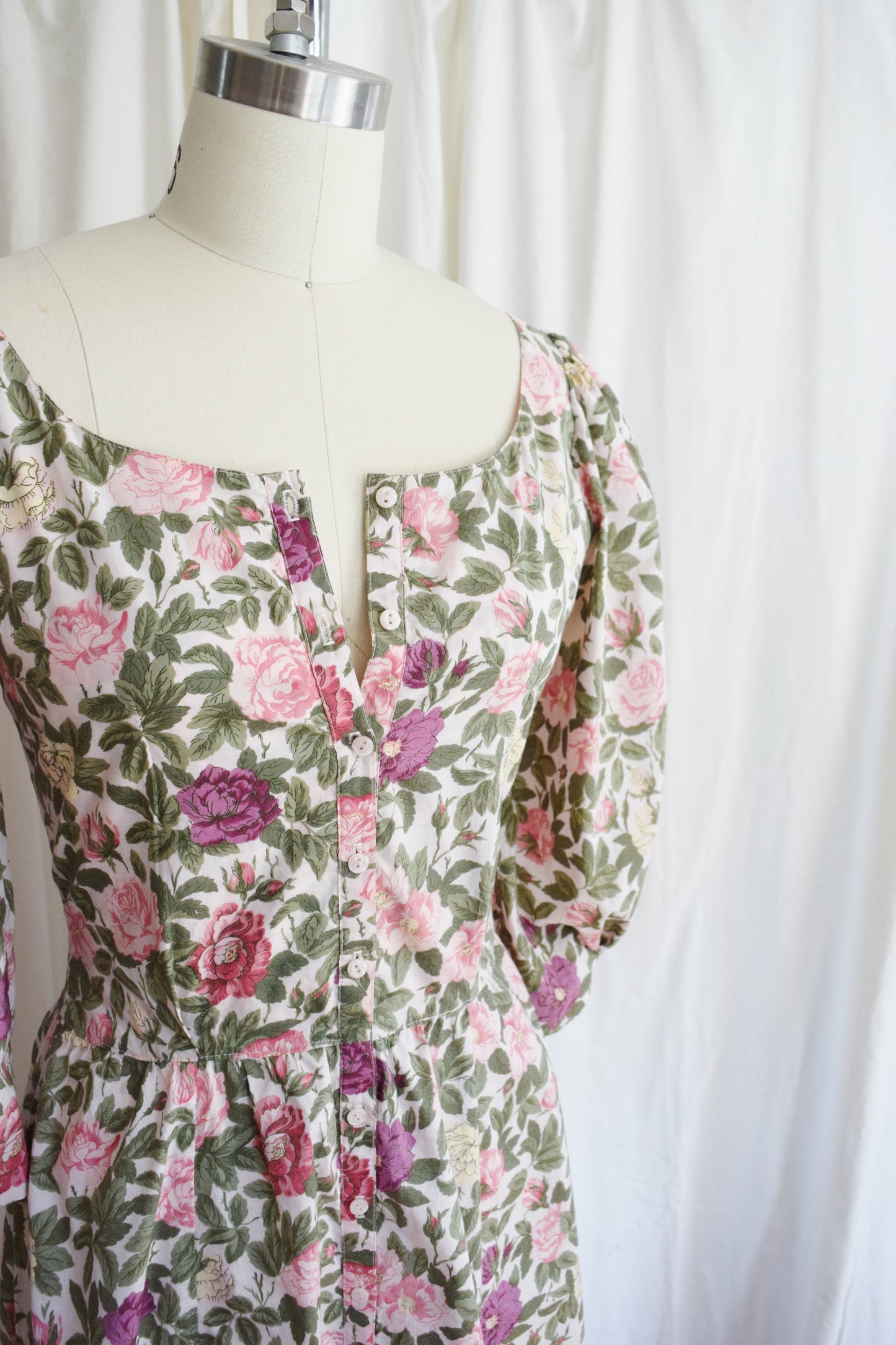 1980s Rose Print Day Dress by Eileen West | Approx. XS/SP