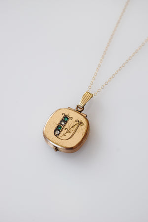 Antique Gold + Rhinestone "U" Locket