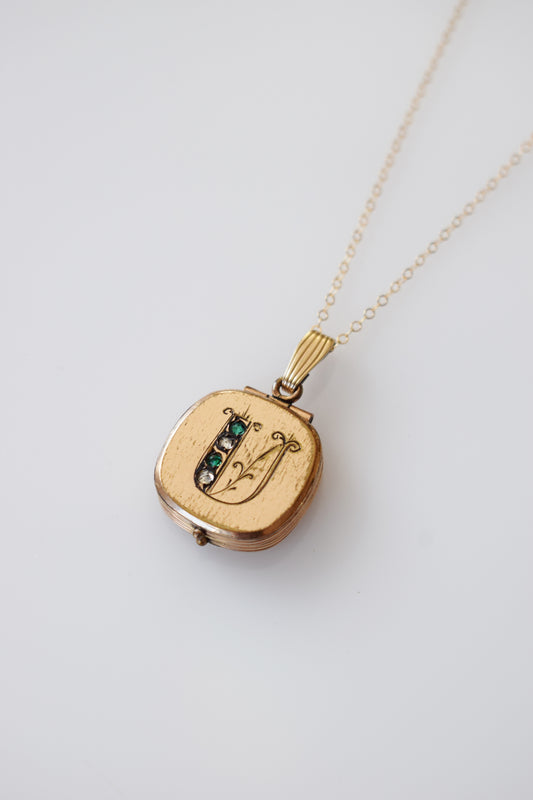 Antique Gold + Rhinestone "U" Locket