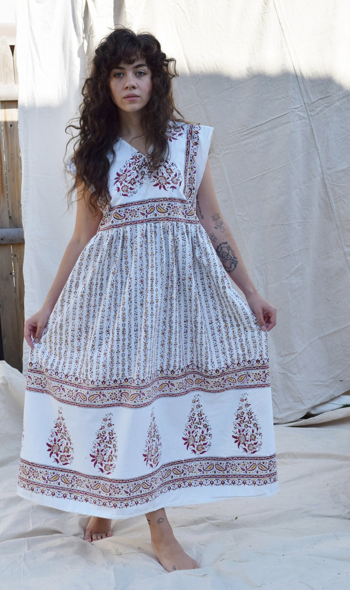 RESERVED Donna Dress in White w/ Earthy Blockprint | XS/S/M