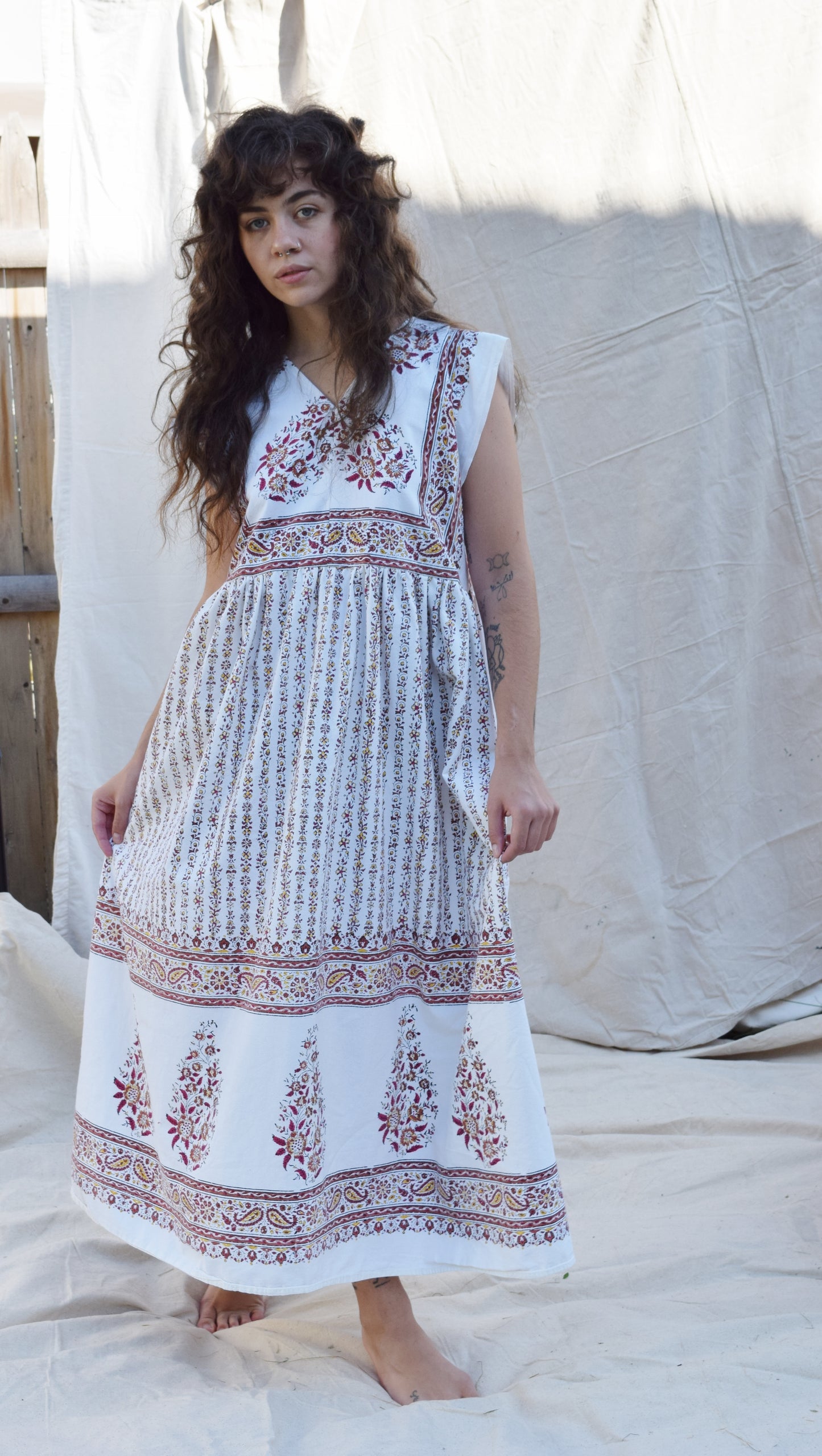 RESERVED Donna Dress in White w/ Earthy Blockprint | XS/S/M