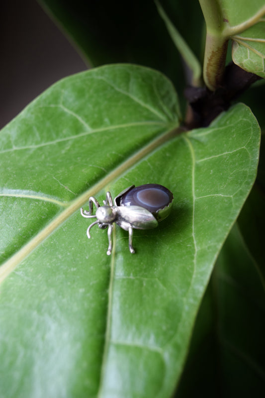 Vintage Sterling Silver and Agate Bug Brooch | Beetle Brooch