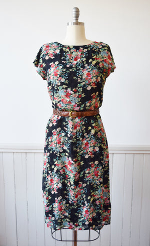RESERVED Dark Floral Rayon Crepe Reversible Frock | S/M