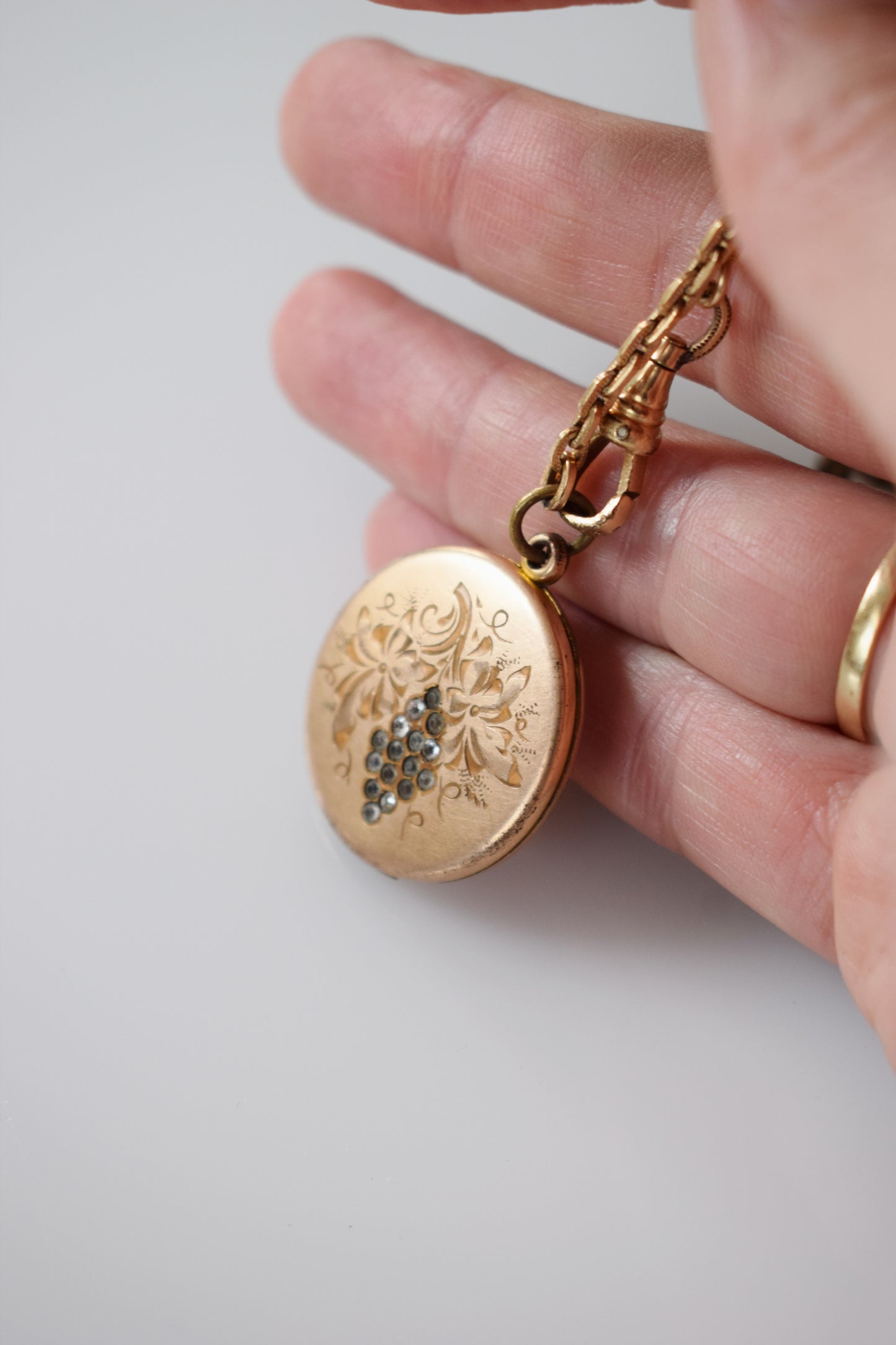 Antique Gold-Filled Grape Cluster Locket with Deco Fob Chain