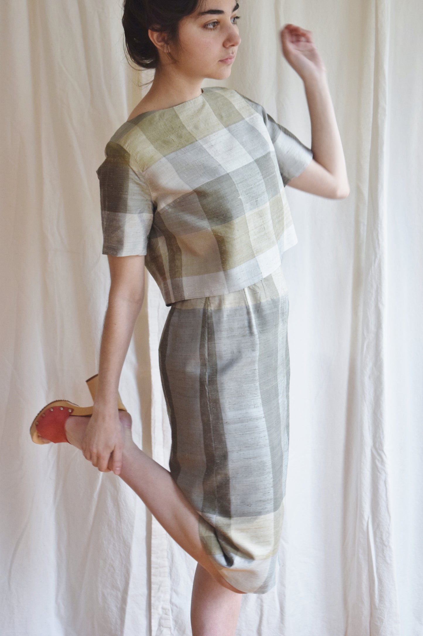 1960s Silk Dupioni Sage Green Plaid Coordinate Skirt and Crop Top | Vintage Dress Set