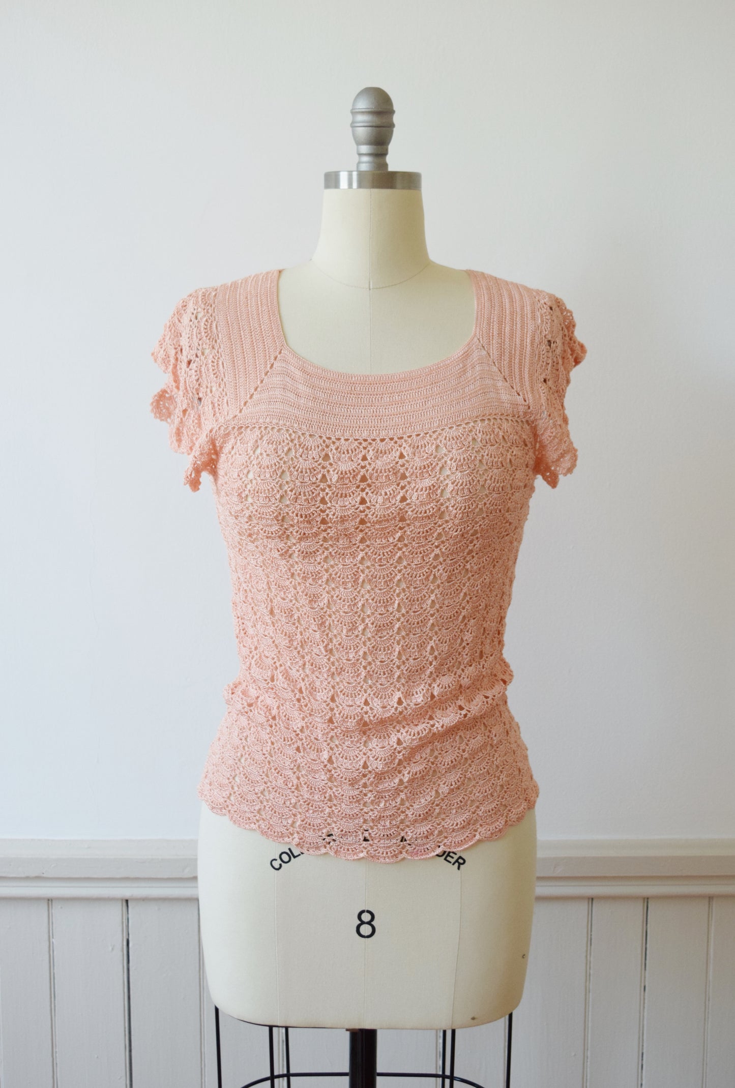 1970s Hand Crocheted Peachy Blouse | S/M