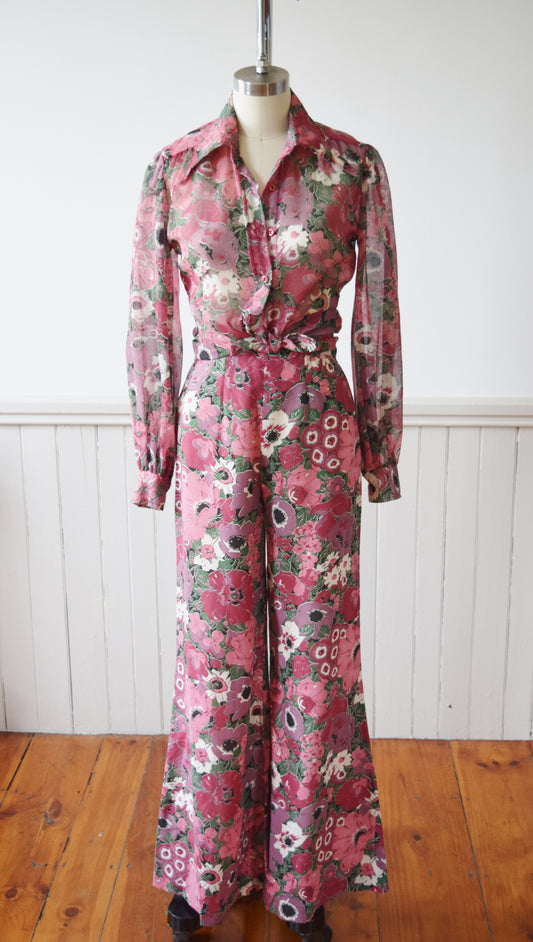 Floral Wide Leg Bellbottoms and Top | 1970s | XS