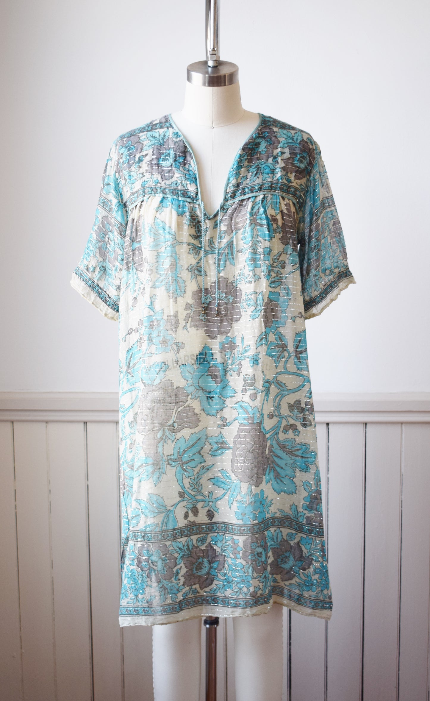 Vintage Indian Cotton Gauze and Silver Tunic Dress | S/M