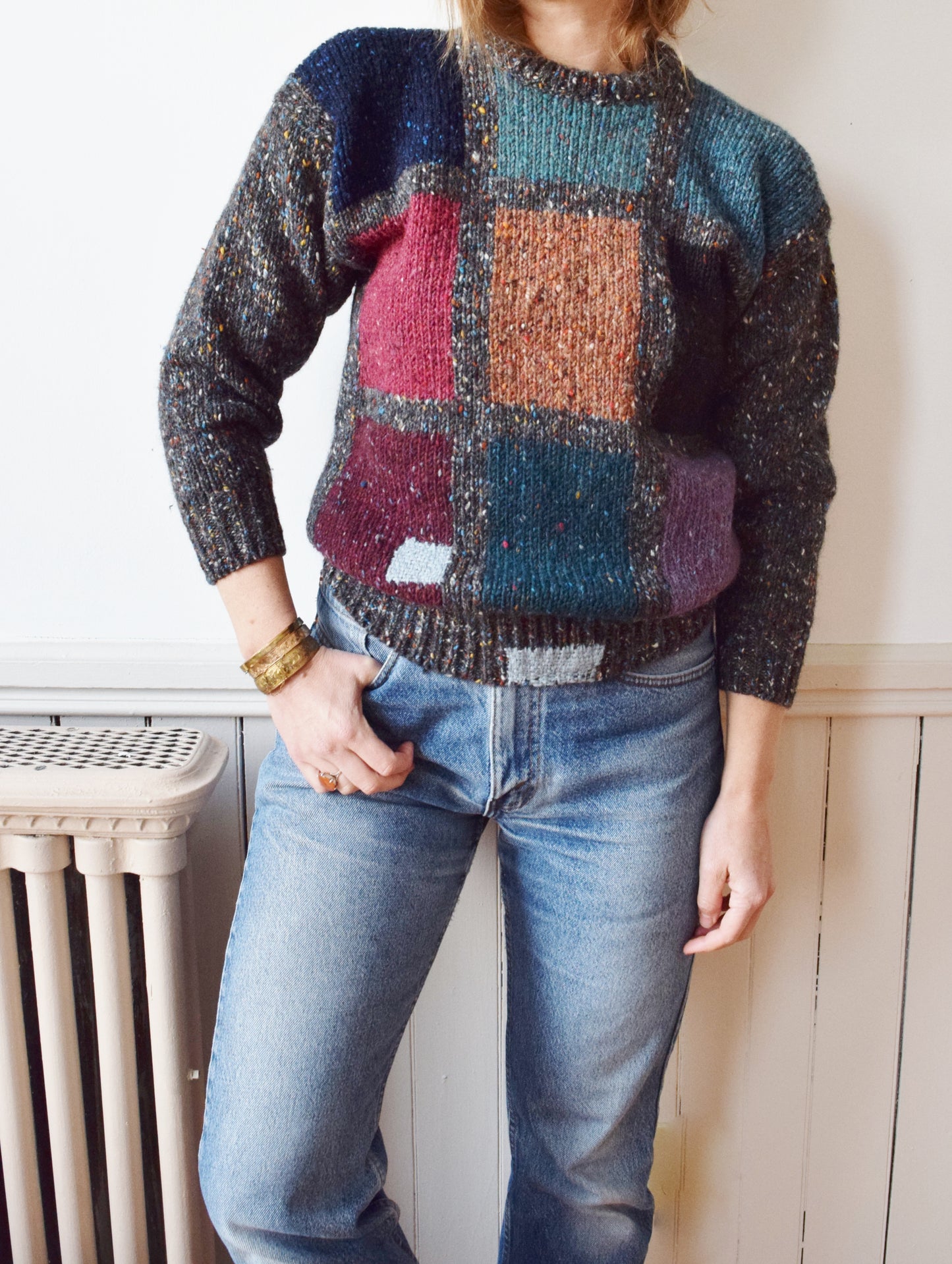 Hand Darned Vintage Irish Intarsia Sweater | S