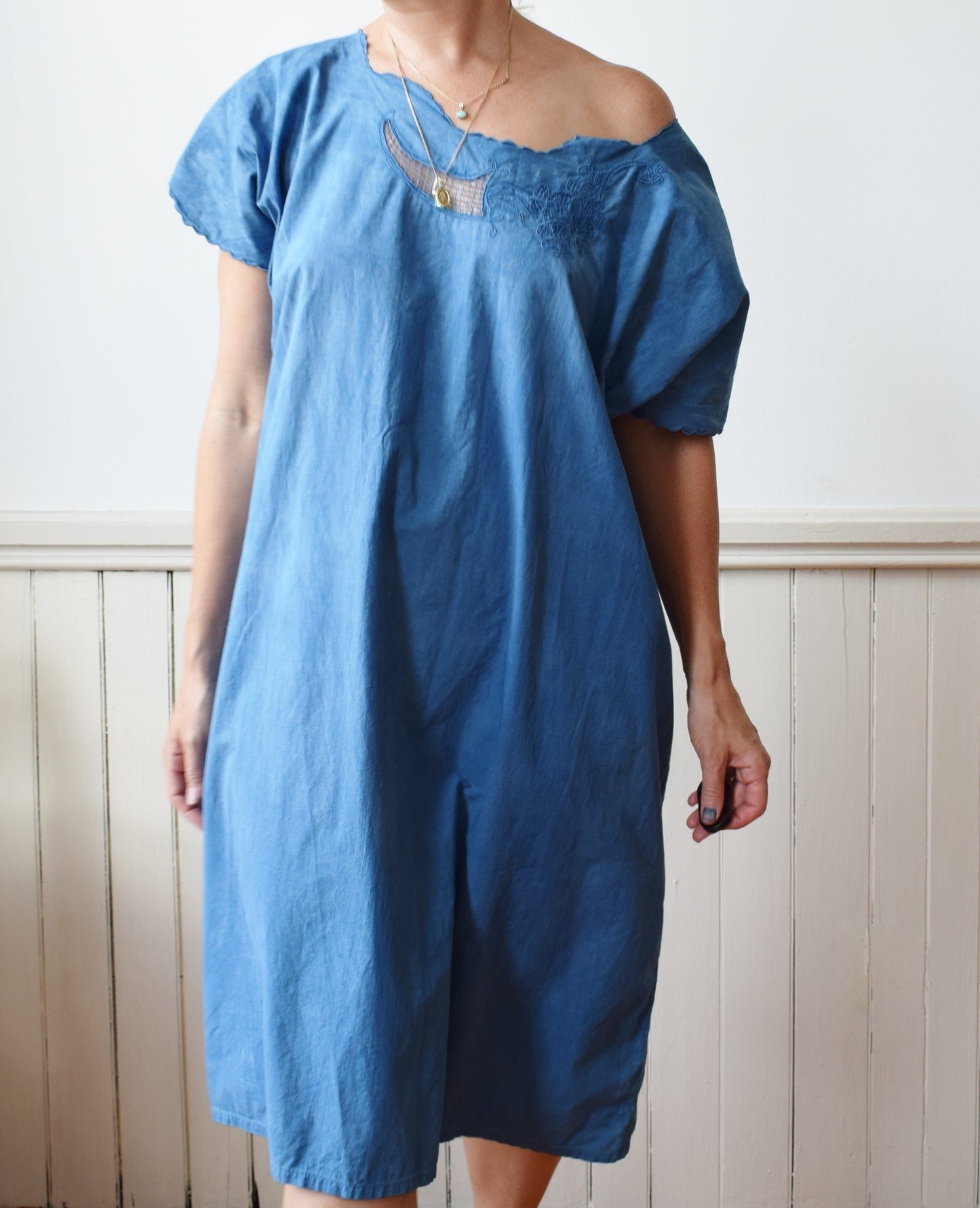 Antique Cotton Dress Dip Dyed in Natural Indigo | XL