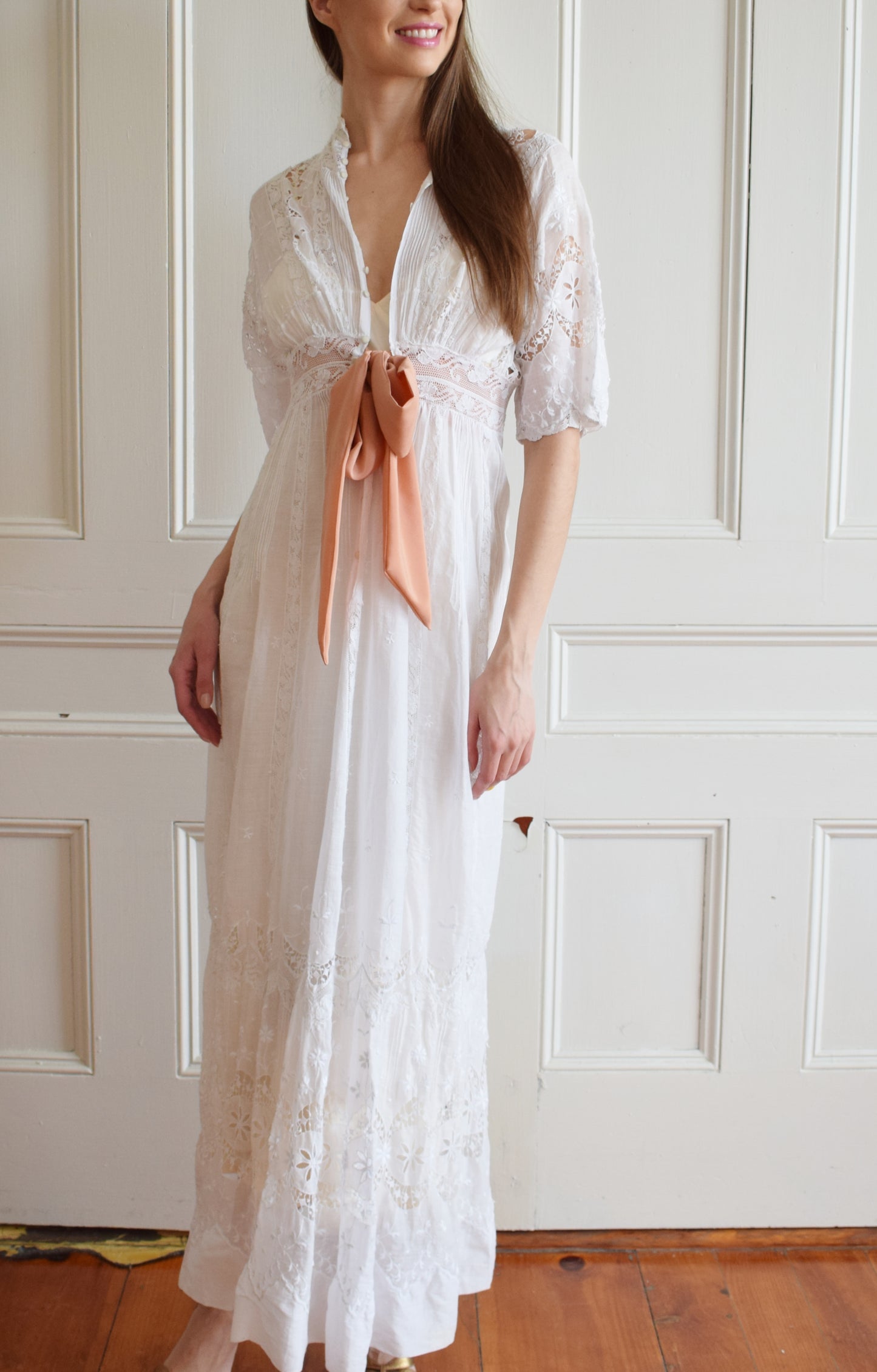 Edwardian Lawn Dress with Crescent Moon Lace and Sash | XS