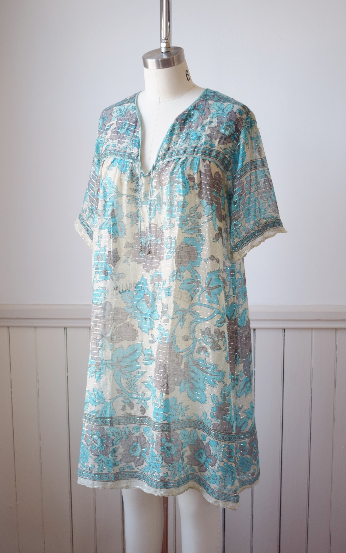 Vintage Indian Cotton Gauze and Silver Tunic Dress | S/M