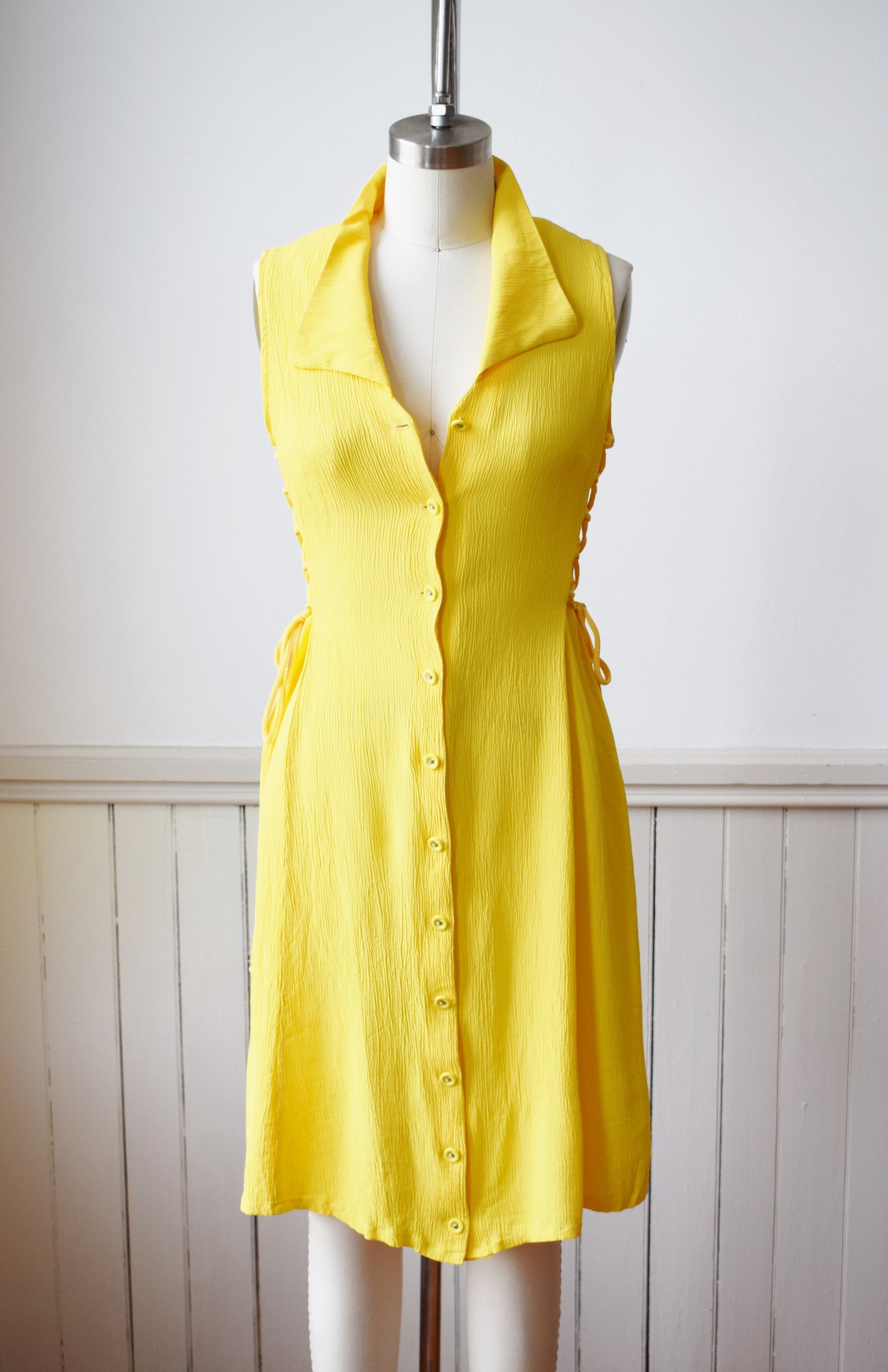 90s Sunshine Yellow Side-Lace Dress | XS