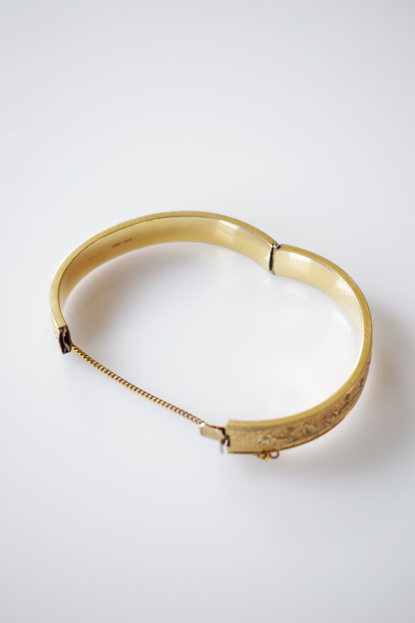 Antique Etched Bangle Bracelet | Enameled Rose Motif