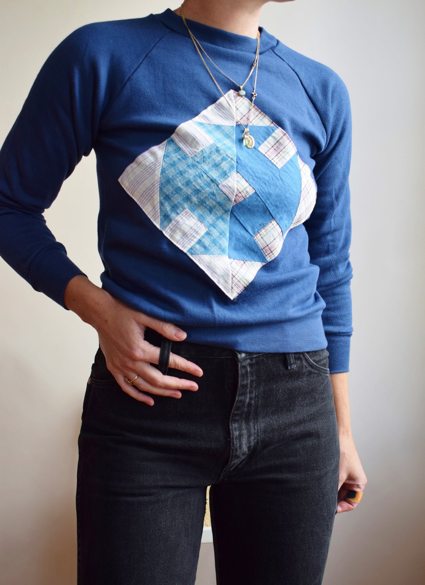 Vintage Raglan with Quilt Square Patch | Blue | XS/S