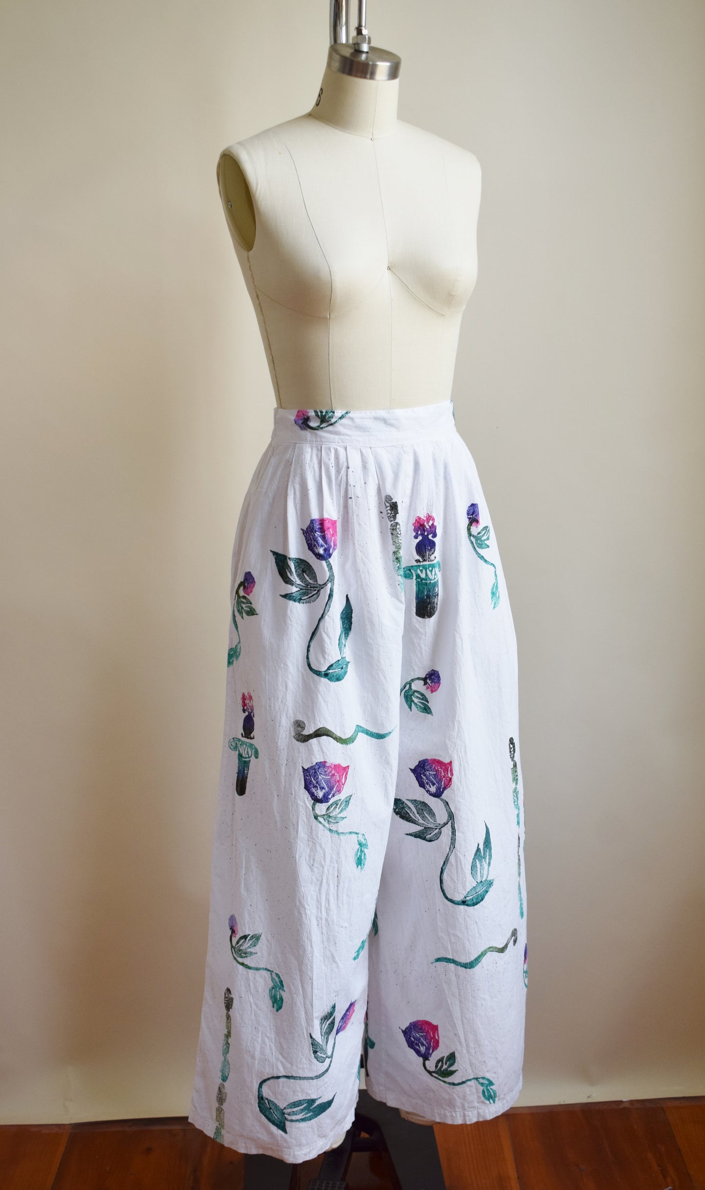 90s Hand Painted Wide Leg Cotton Pants | S-M