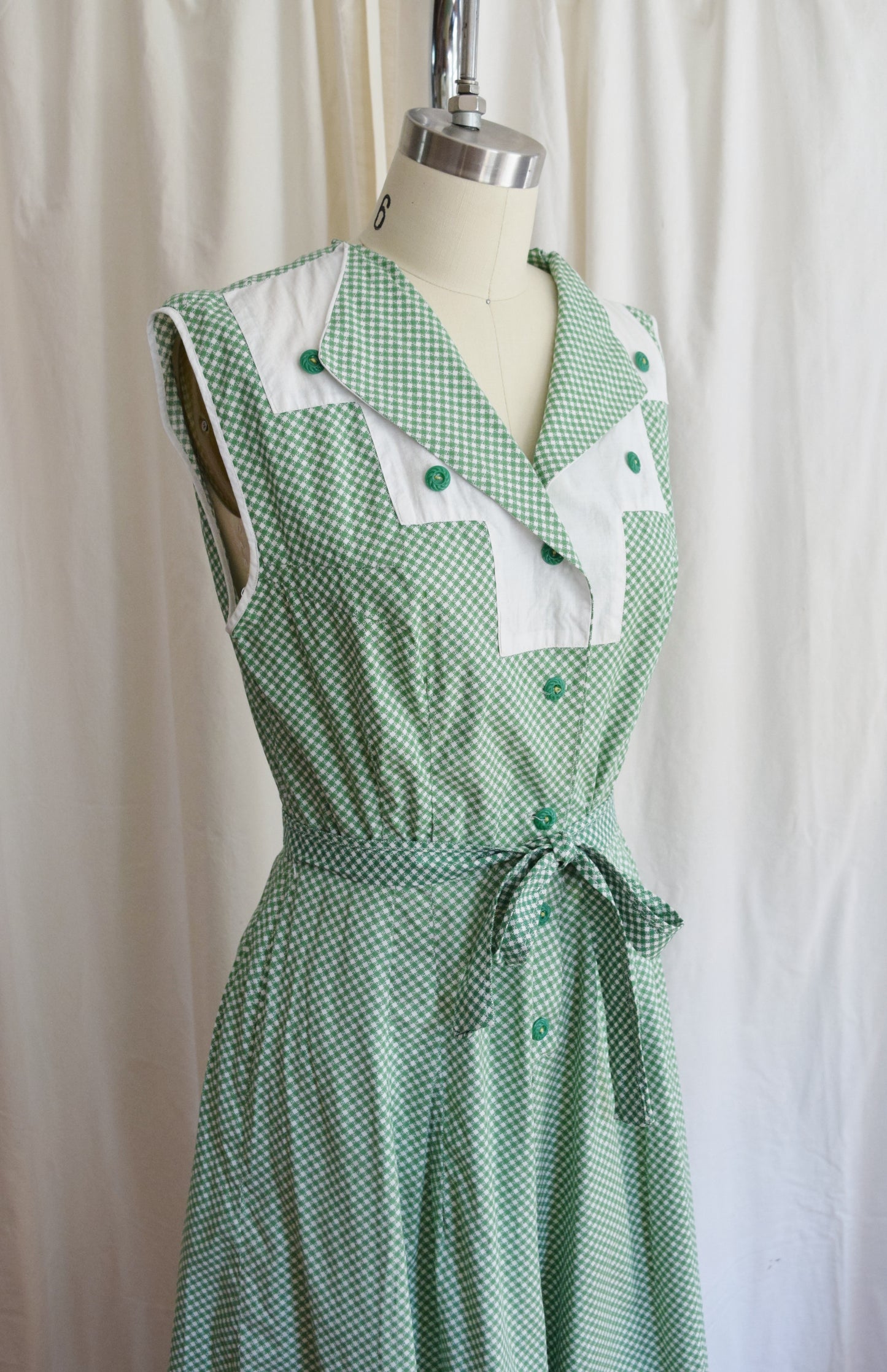 1930s Green Gingham Day Dress | 28" W, approx. Medium