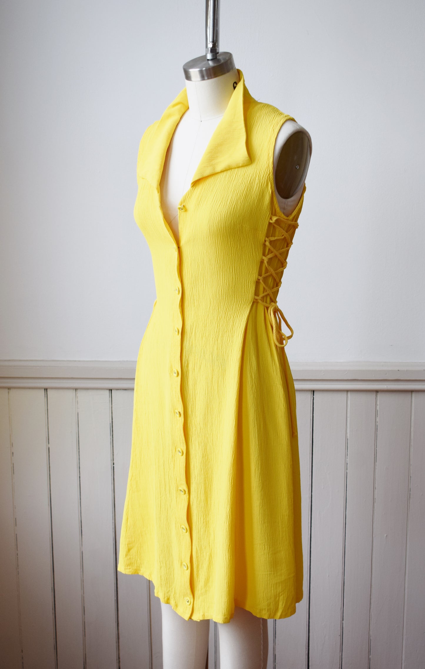 90s Sunshine Yellow Side-Lace Dress | XS