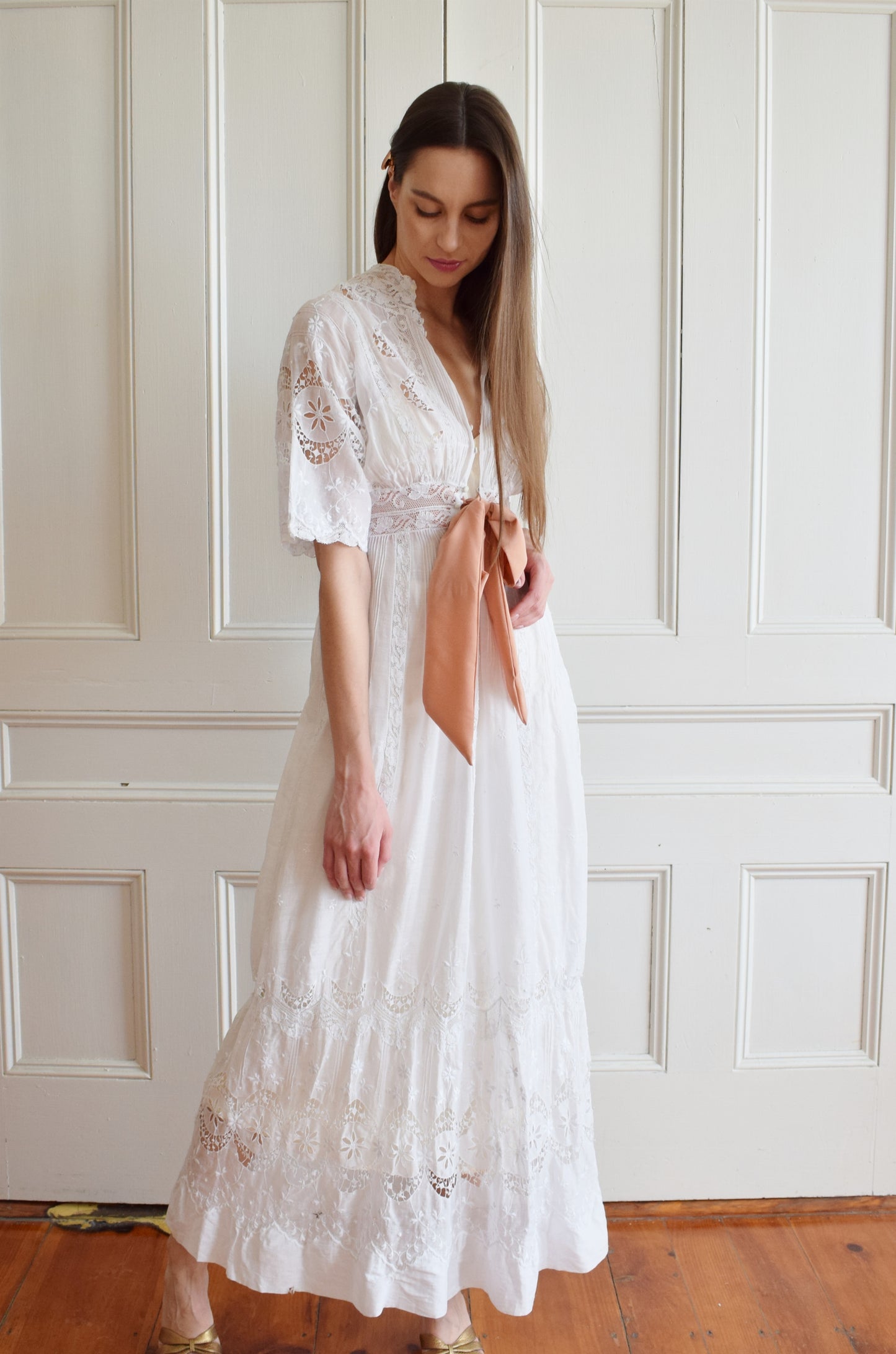 Edwardian Lawn Dress with Crescent Moon Lace and Sash | XS