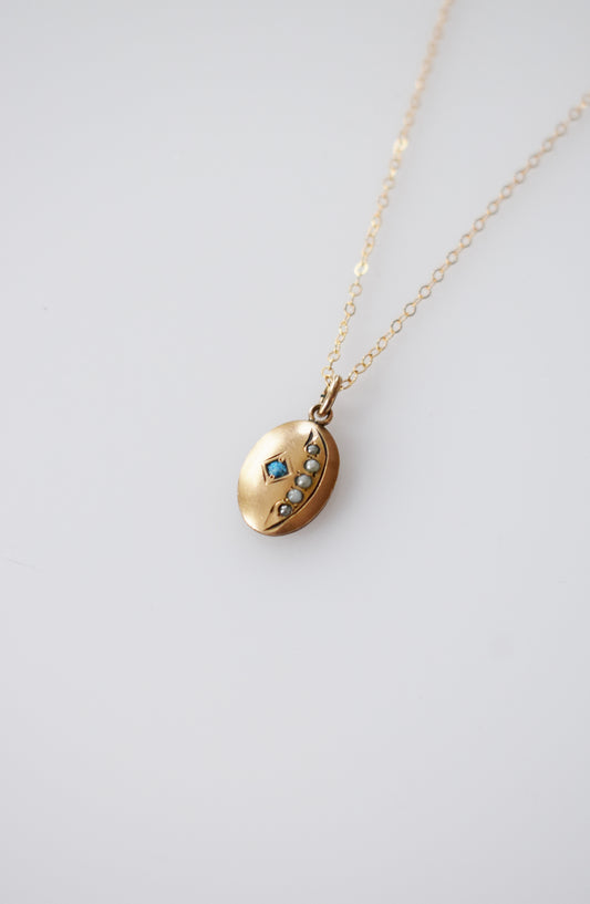 Petite Antique Crescent Charm | Pearl + Opal | Initial "E"